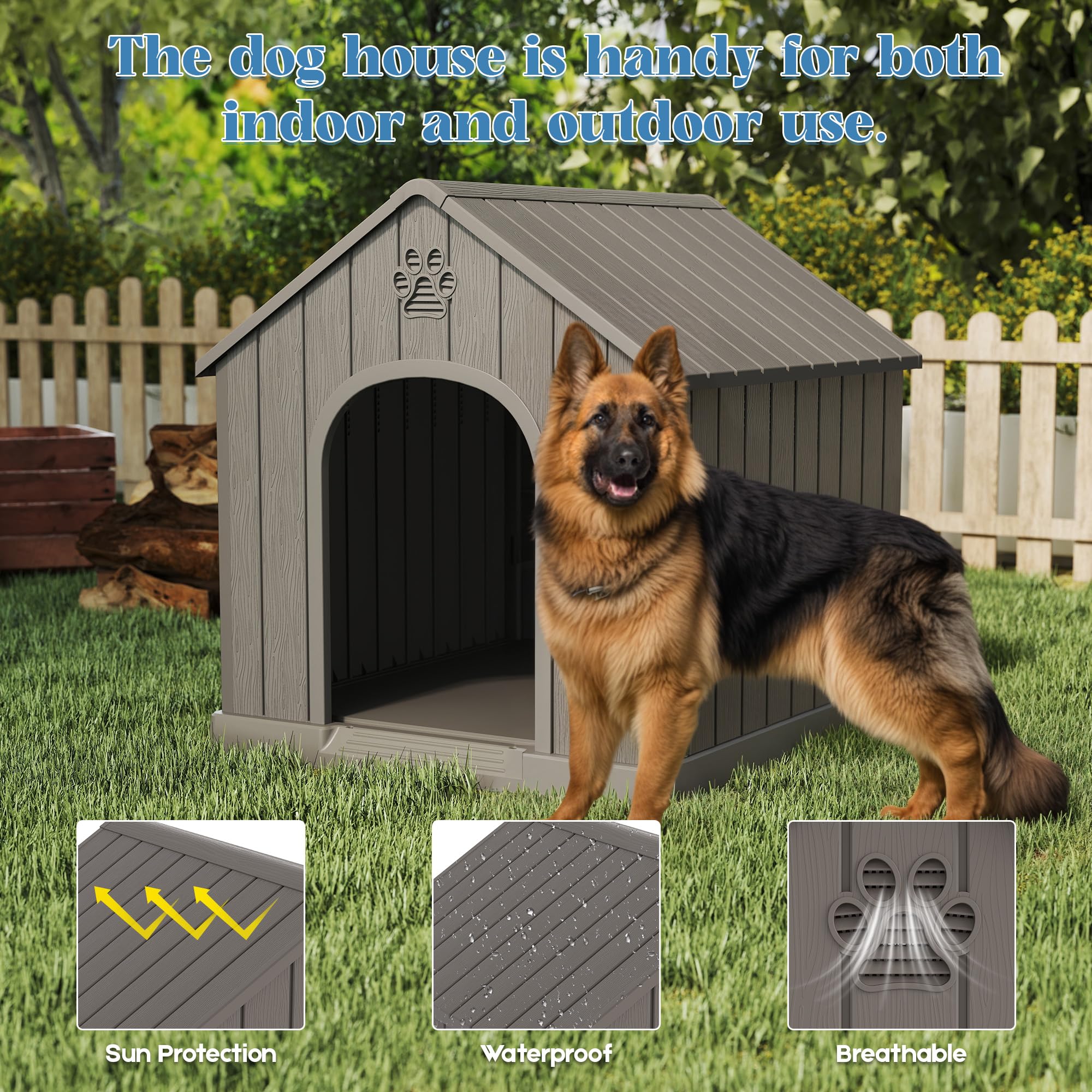 Fancyango Large Dog House - Durable Plastic, Waterproof, Elevated Floor, Grey, 36.2''L×38''W×38''H, Easy Clean, Model TT057