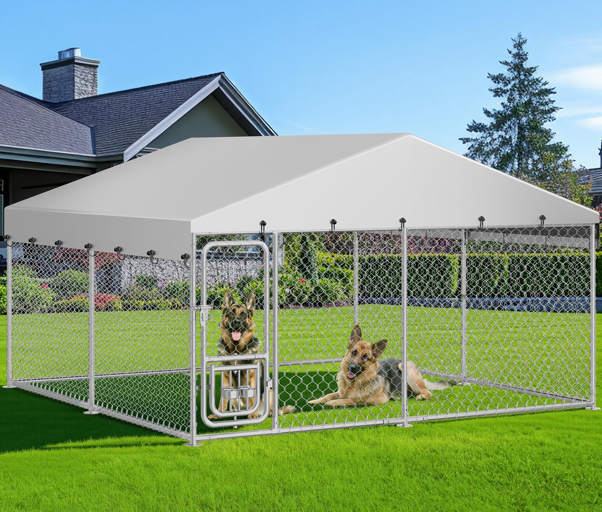 DWVO 10x10 Dog Kennel Outdoor with Rotating Feeder Bowls, Outdoor Dog Pens with Roof, Heavy Duty Dog House for Medium Large Do