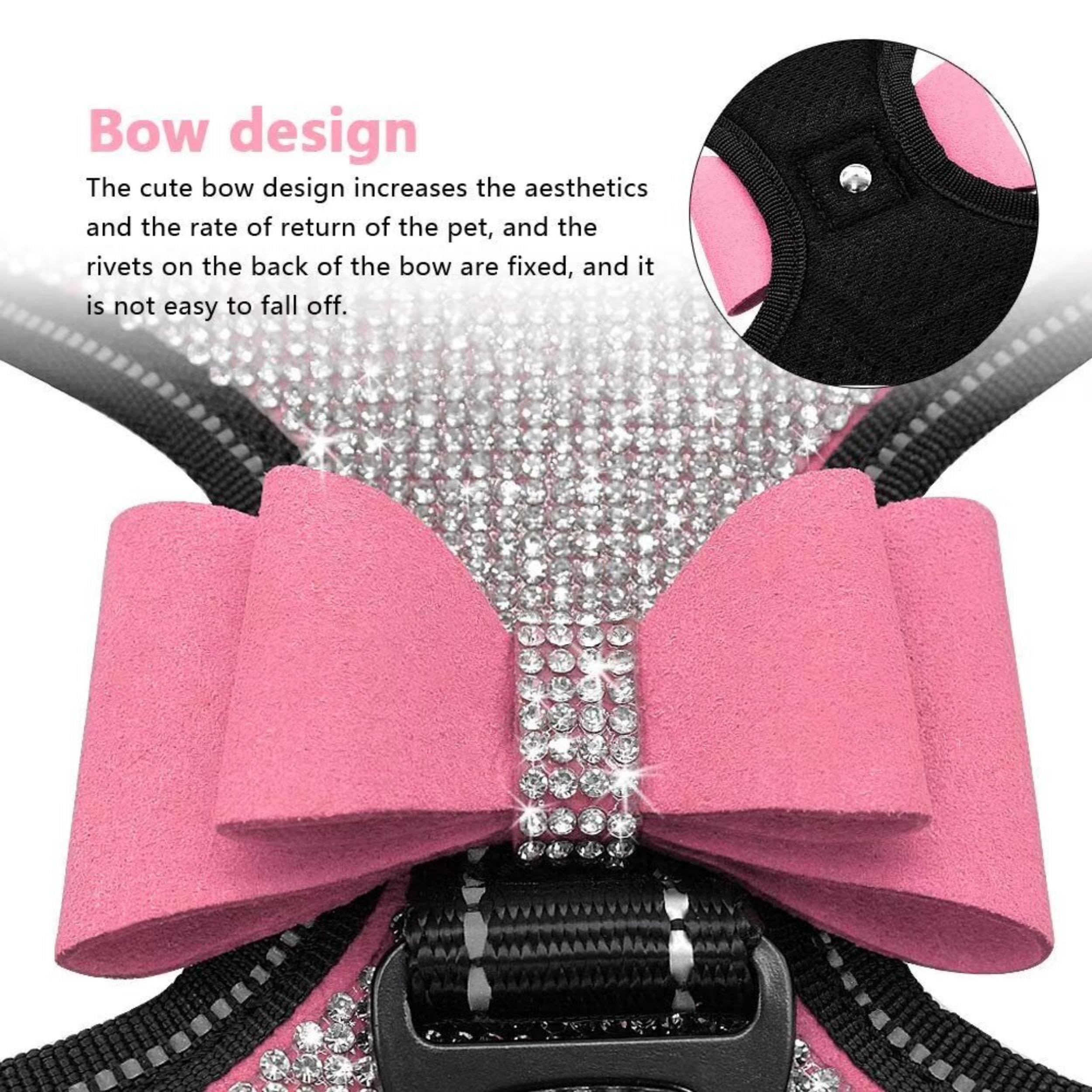 Beirui Rhinestone Dog Harness - Reflective Bling Vest, Suede, Size M, Pink with Sparkly Bow Tie for Small to Large Dogs