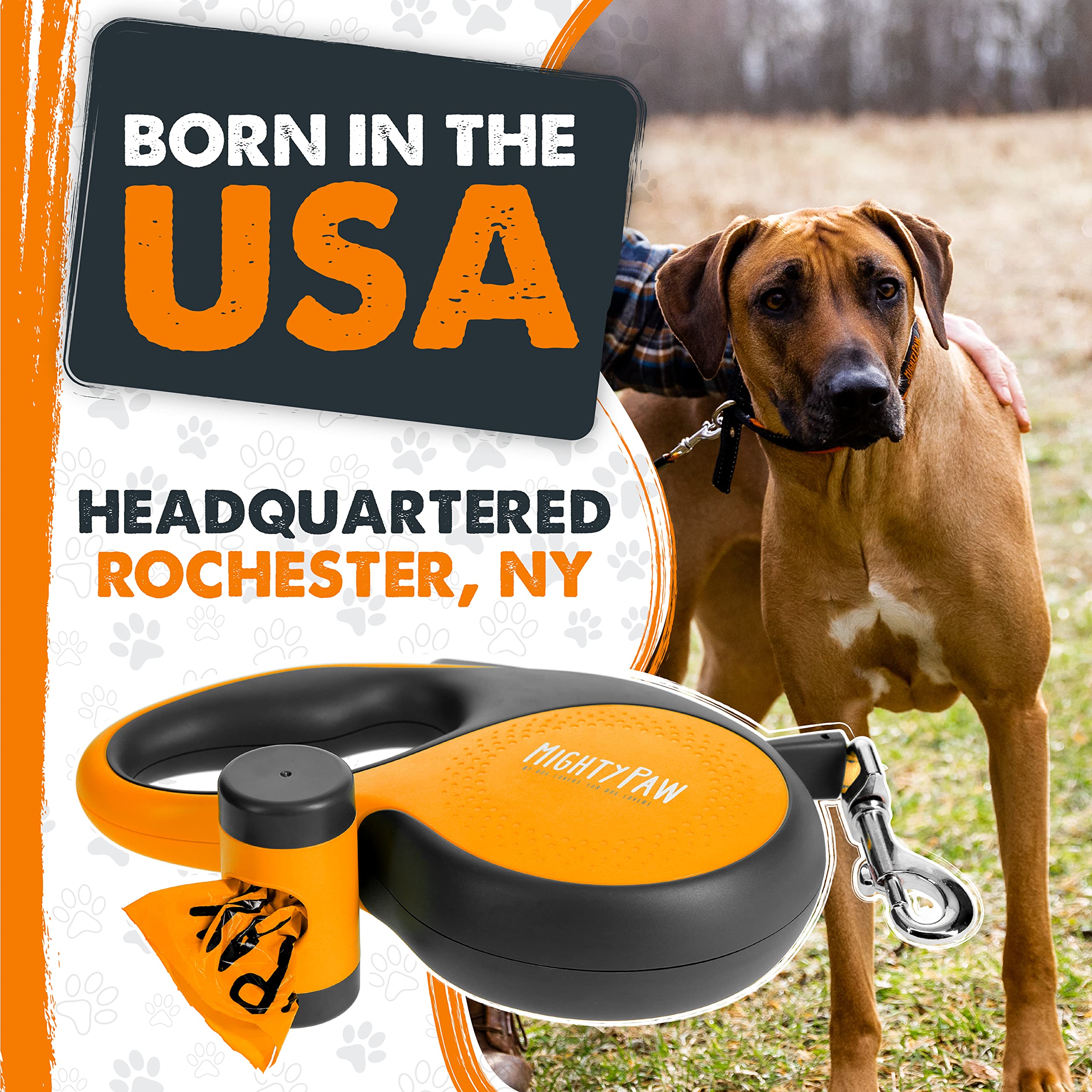Mighty Paw Retractable Dog Leash with Poop Bag Holder, 16' for 0-50 lbs, Deluxe Orange, Stainless Steel