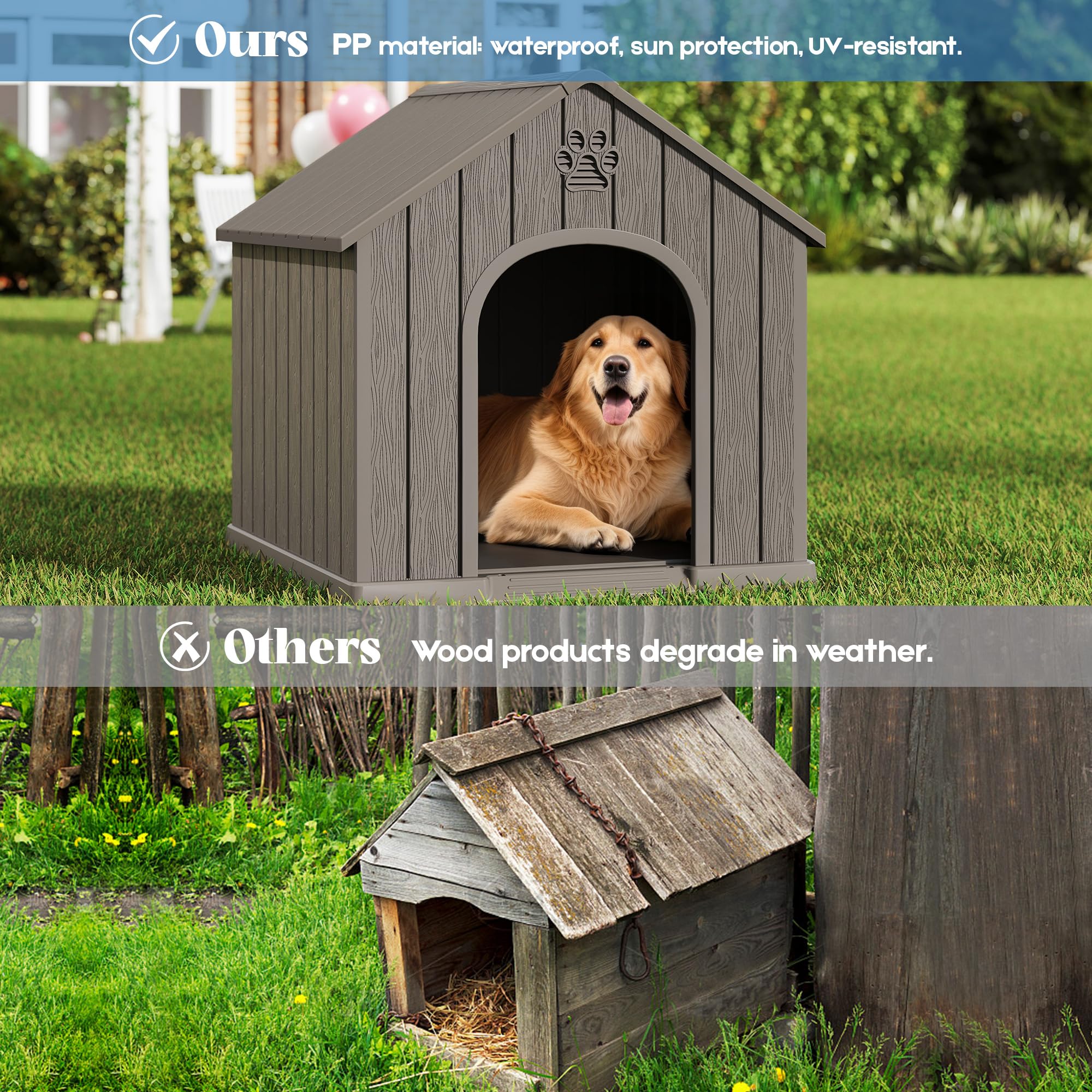 Fancyango Large Dog House - Durable Plastic, Waterproof, Elevated Floor, Grey, 36.2''L×38''W×38''H, Easy Clean, Model TT057