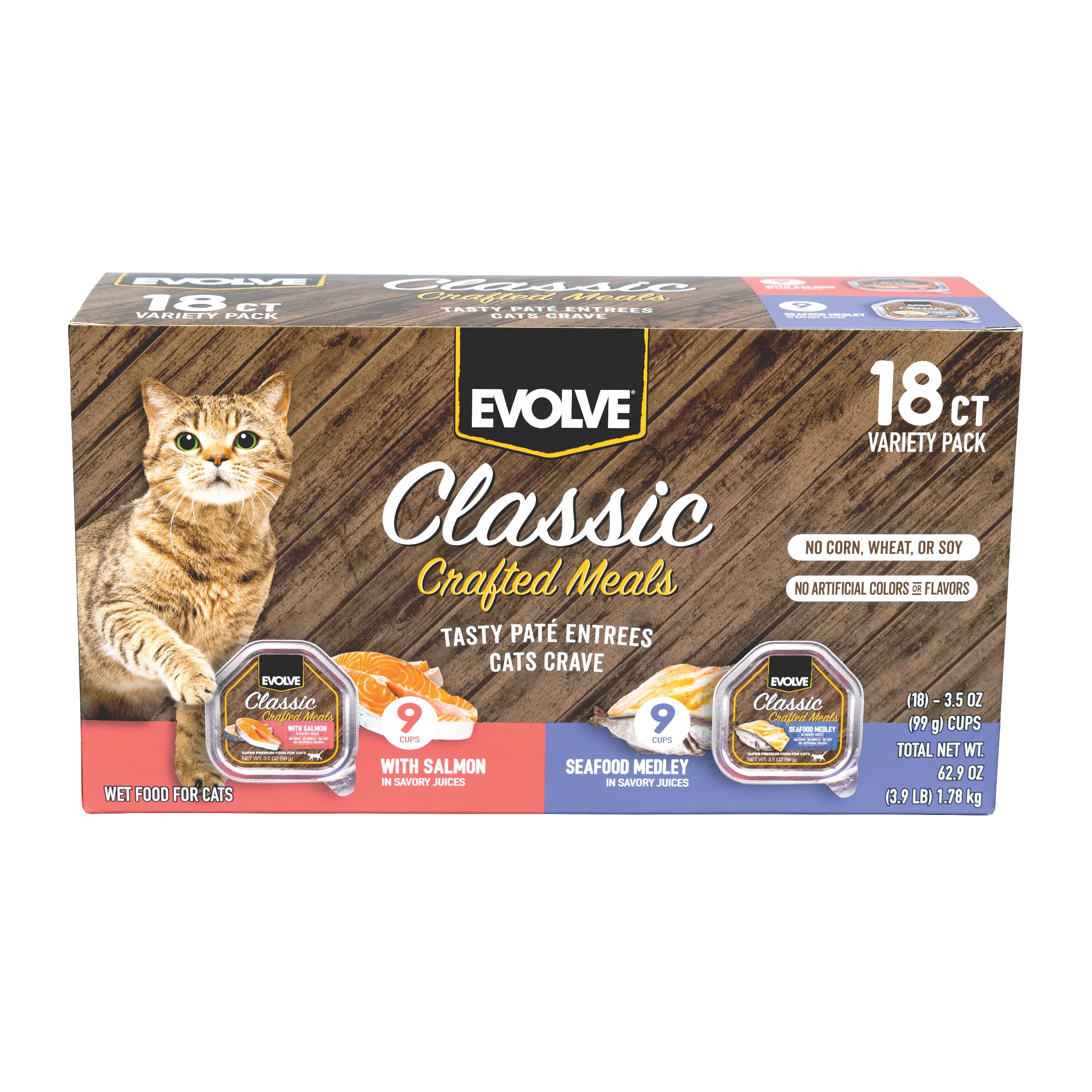 Evolve Classic Crafted Meals Cat Food Variety Pack with Salmon Recipe & Seafood Medley Recipe, 3oz (Pack of 18)