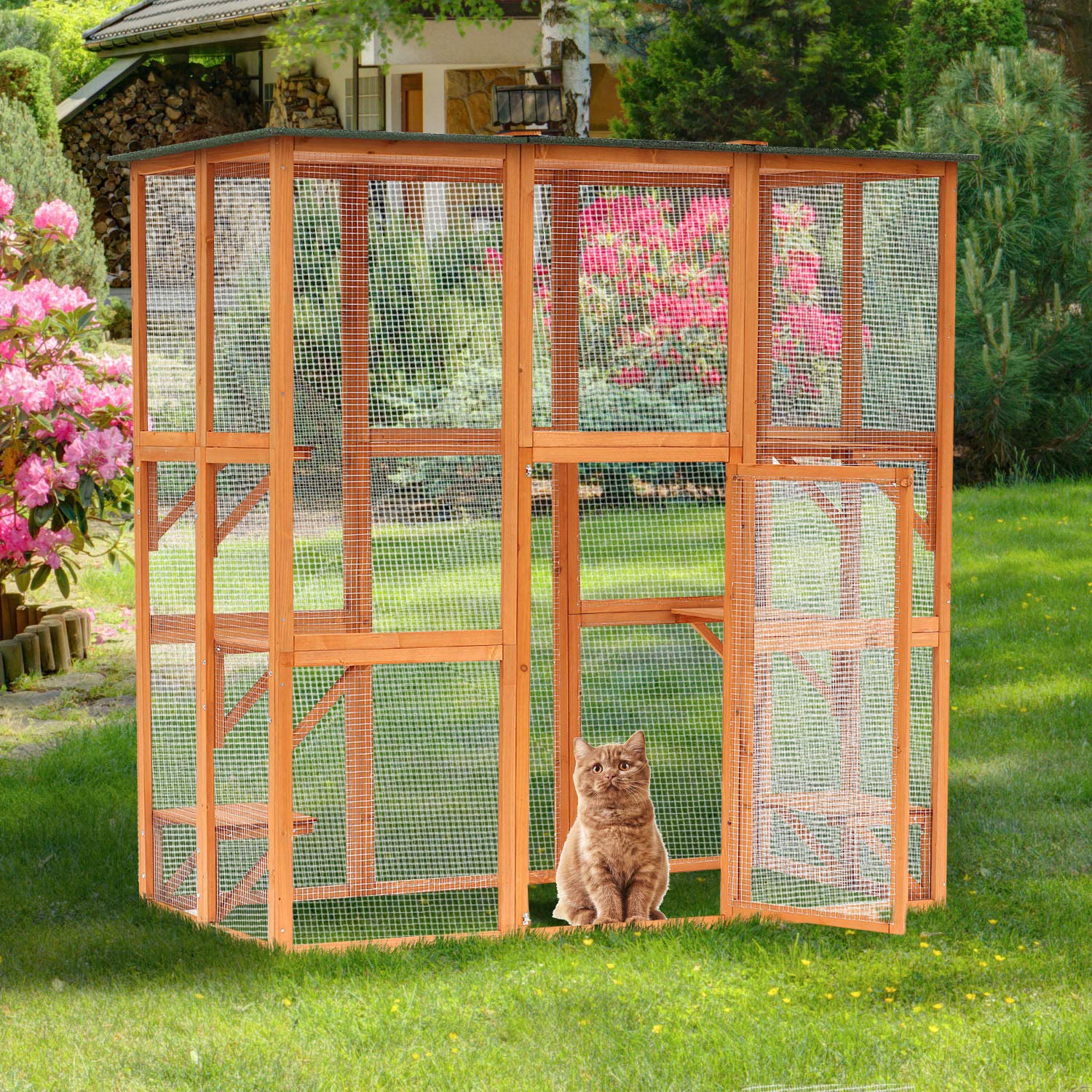 Pawhut Outdoor Cat House Big Catio Wooden Feral Cat Shelter Enclosure With Large Spacious Interior, 6 High Ledges, Weather Protection Asphalt Roof, 71' L, Orange