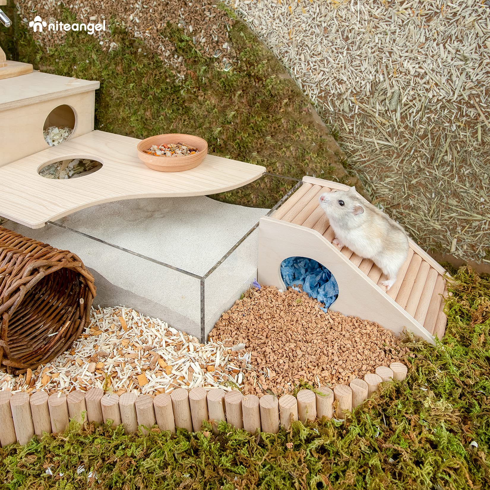 Niteangel Trapezium Hamster House with Climbing Ladder, Light Brown Wood for Hamsters, Gerbils, Mice, and Similar-Sized Pets