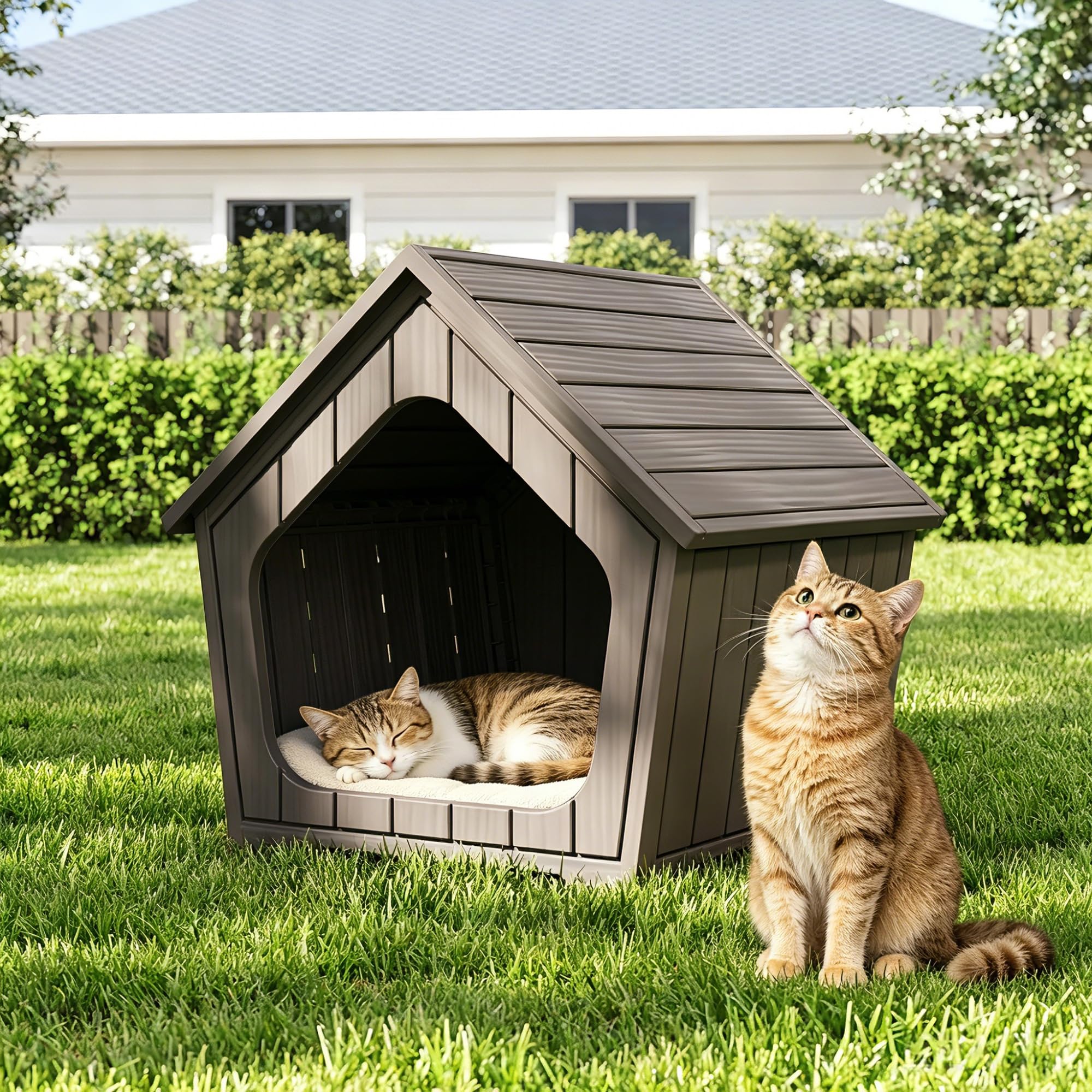 WTFGO Multi-use Cat Litter Box Enclosure with Spacious Door, Plastic Hidden Litter Box & Cat Bed with Hidden Air Hole, Cabin-Sty