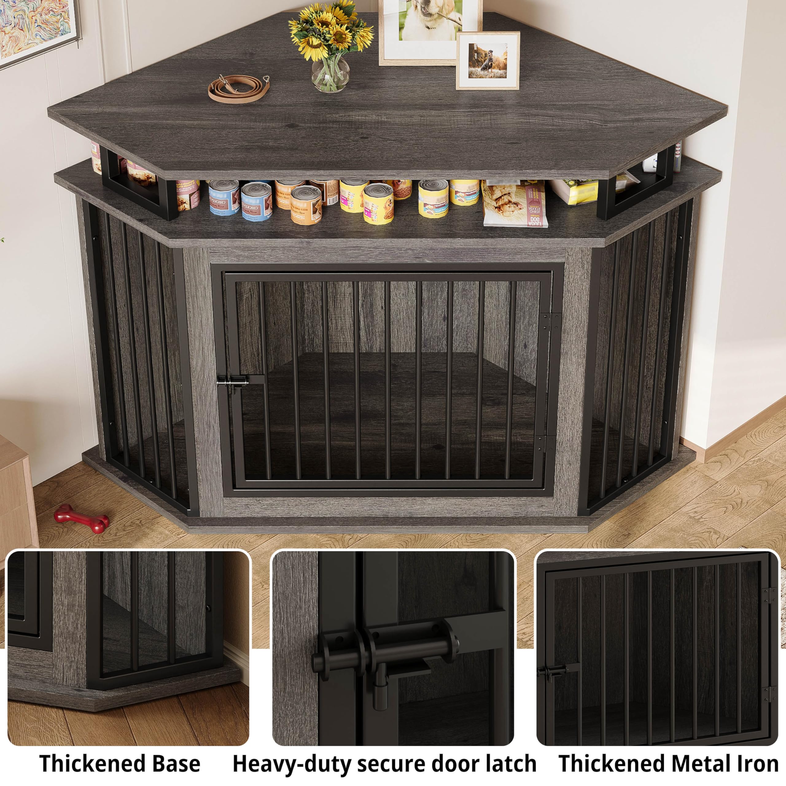 IRONCK 51" Corner Wooden Dog Crate, Rustic Brown Pet Kennel with 2-Tier Shelves for Large Dogs, Engineered Wood, Model QR-6599