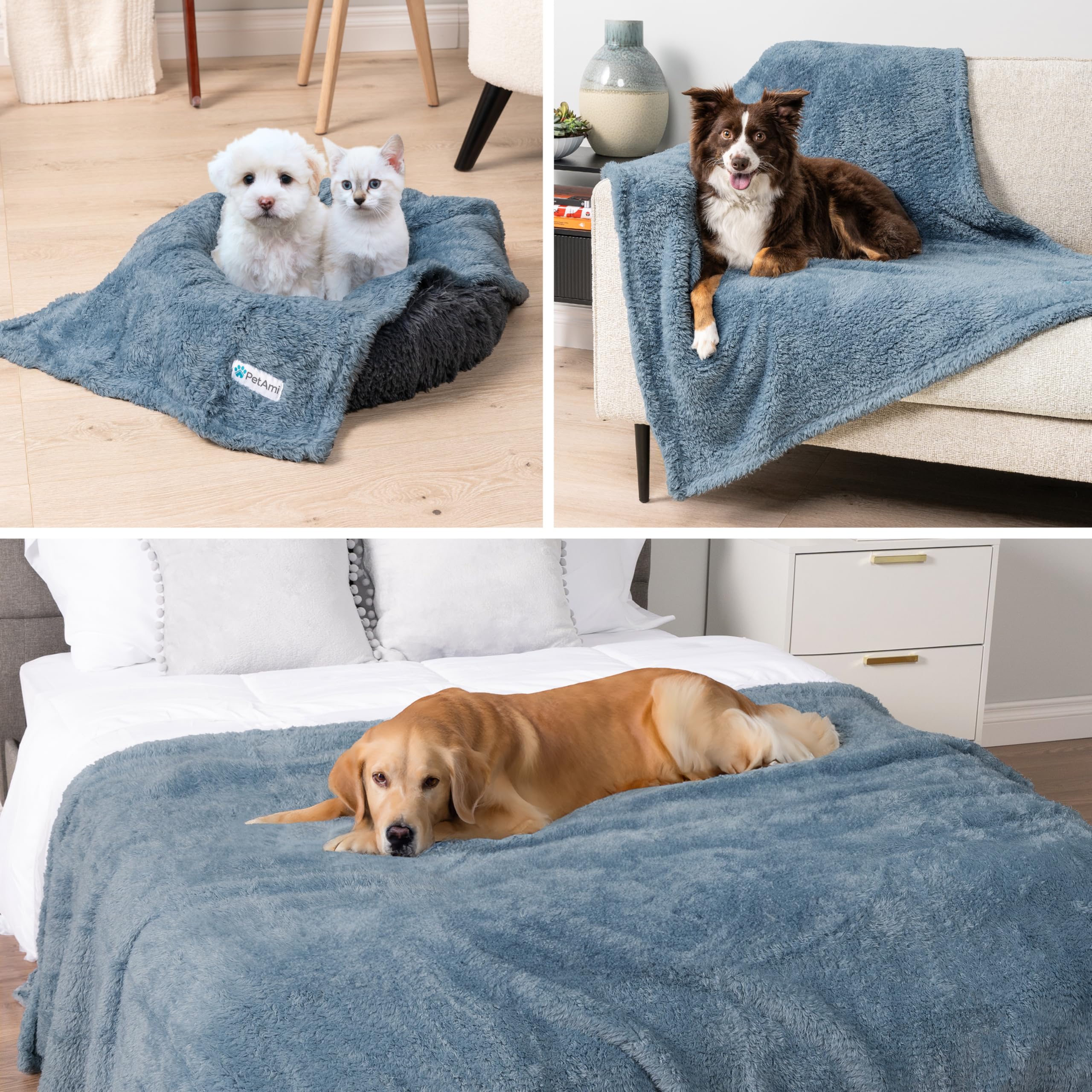 Petami Fluffy Waterproof Dog Blanket For Medium Large Dogs, Soft Warm Pet Sherpa Throw Pee Proof Couch Cover, Reversible Cat Bed Blanket Sofa Protector, Plush Washable Pad (Dusty Blue, 40X60)