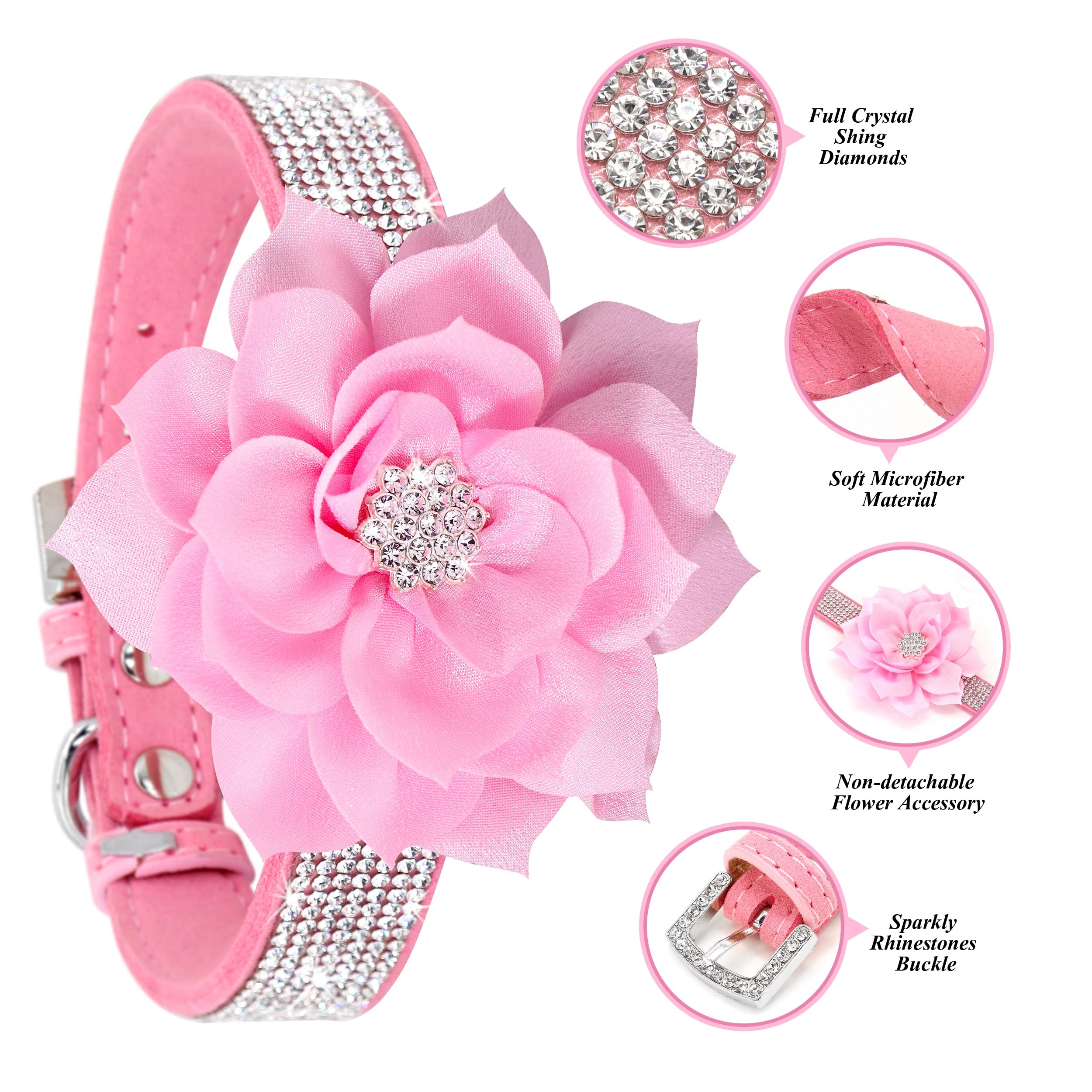 Pet Artist Cute Girl Rhinestone Suede Dog Collars For Small Dogs Cats,Soft Flower Dog Collar,Bling Dog Collars For Small Puppy Dogs Pink Collar, Xs:Neck 7.5-10'(19-25Cm)