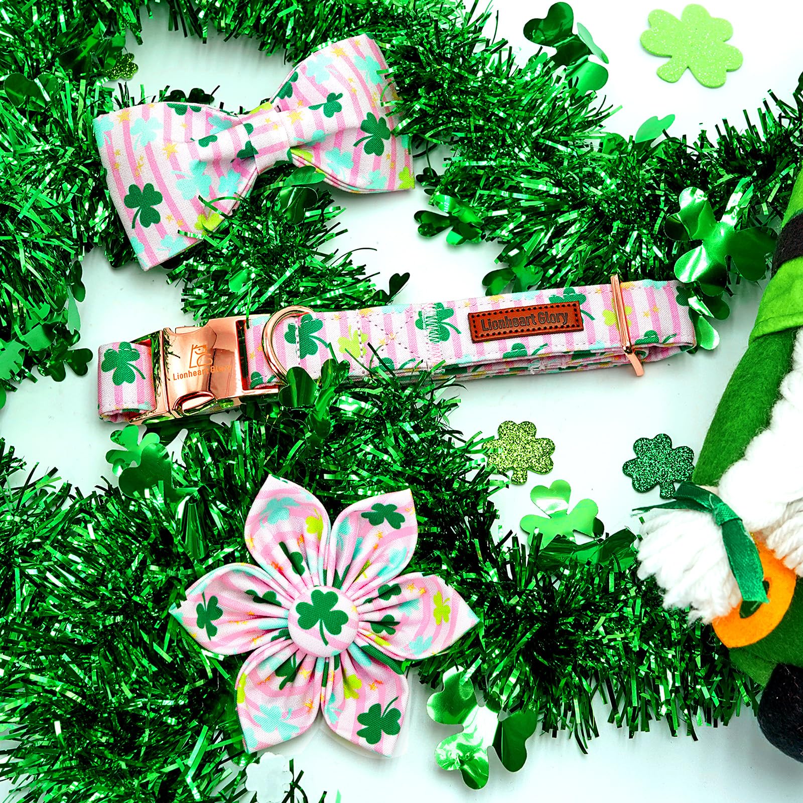 Lionheart Glory St. Patrick'S Day Dog Collar With Flower-Lucky Clover Shamrock Dog Bow For Medium Dogs - Pink Spring Trefoil Dog