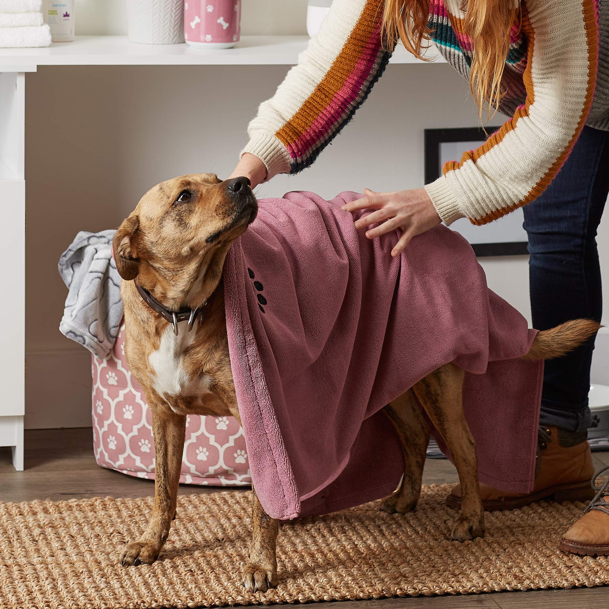 Bone Dry Pet Grooming Towel Collection Absorbent Microfiber X-Large, 41X23.5', Embroidered Rose