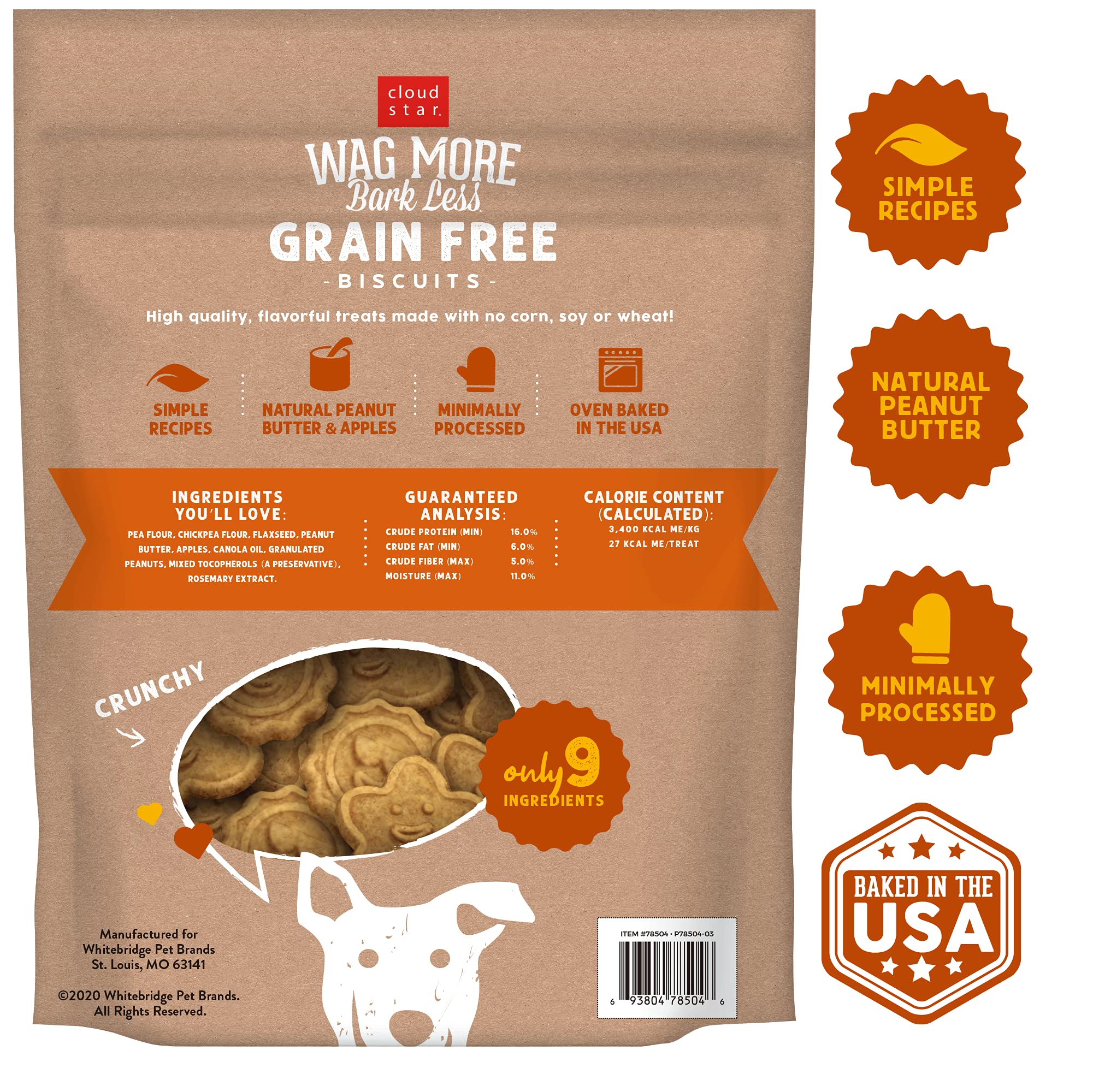 Cloud Star Wag More Bark Less Crunchy Grain Free Dog Treats, Peanut Butter & Apples, 2.5 lbs. Bag