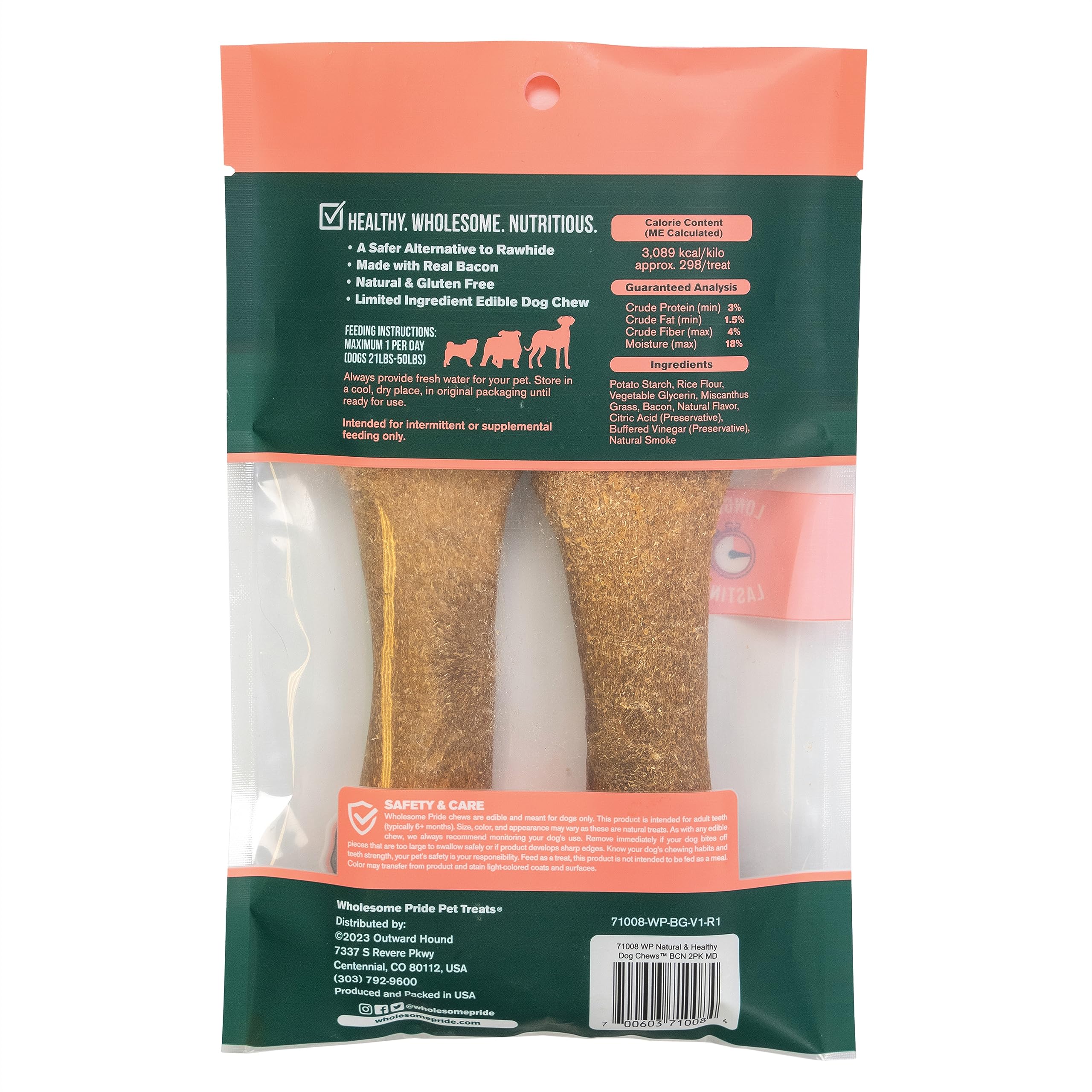 Wholesome Pride Natural & Healthy Dog Chews 2Pk for Medium Dogs, Bacon Flavor, Made in The USA