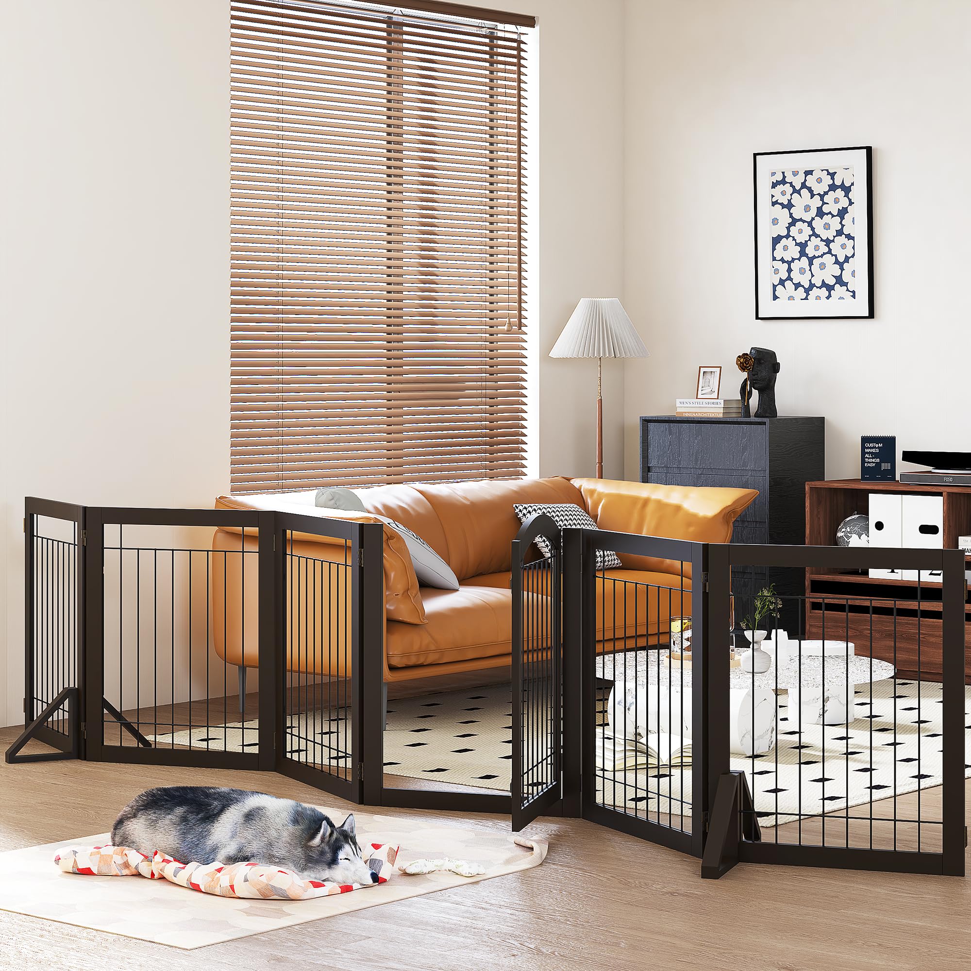 Pawland 144-Inch Extra Wide 30-Inches Tall Dog Gate With Door Walk Through, Freestanding Wire Pet Gate For The House, Doorway, Stairs, Pet Puppy Safety Fence, Support Feet Included, Espresso,6 Panels