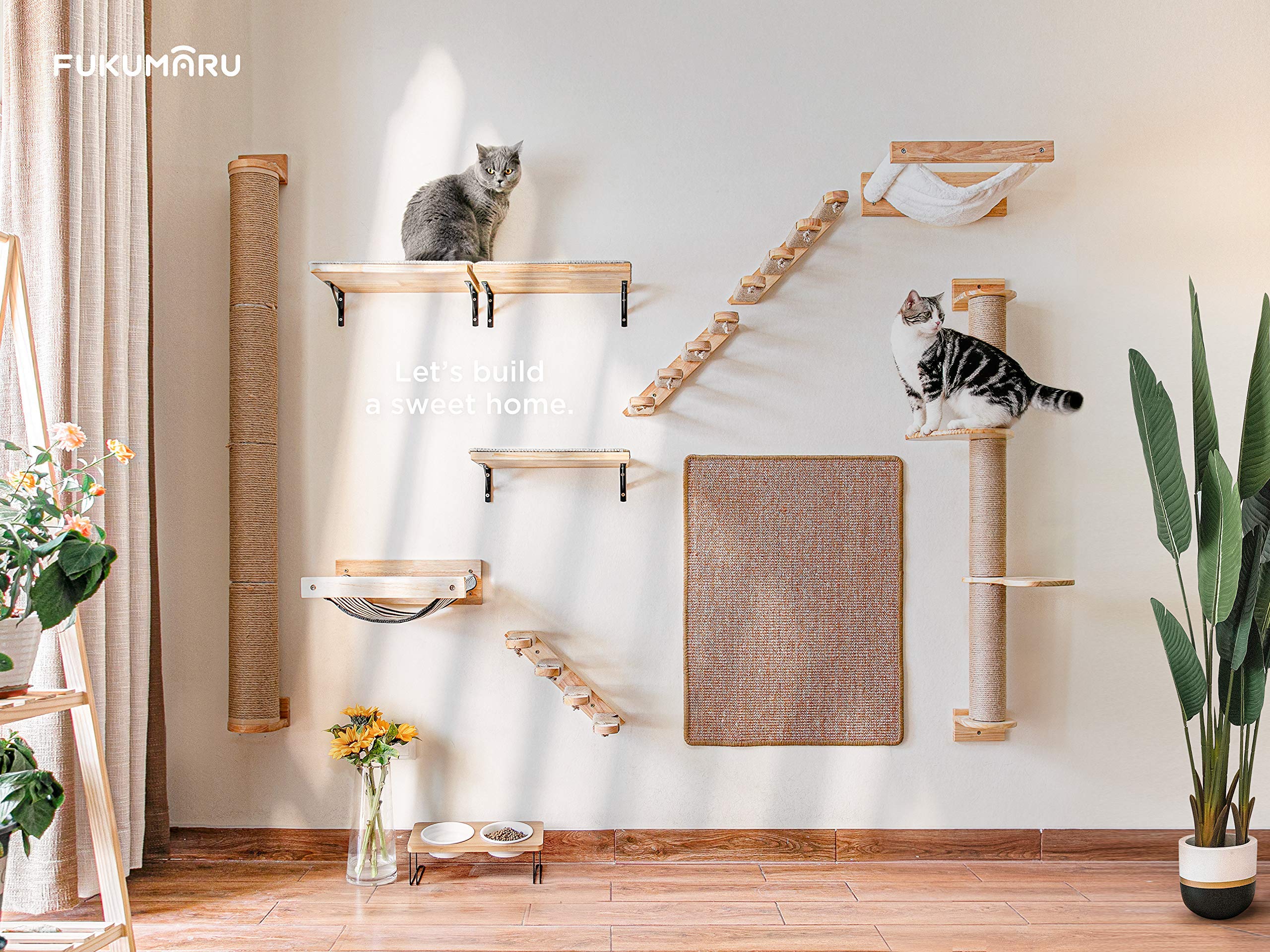 Fukumaru Cat Hammock Wall Mounted, Kitty Beds And Perches, Wooden Cat Wall Furniture, Stable Cat Wall Shelves For Sleeping, Playing, Climbing, And Lounging, White Flannel Cat Shelves
