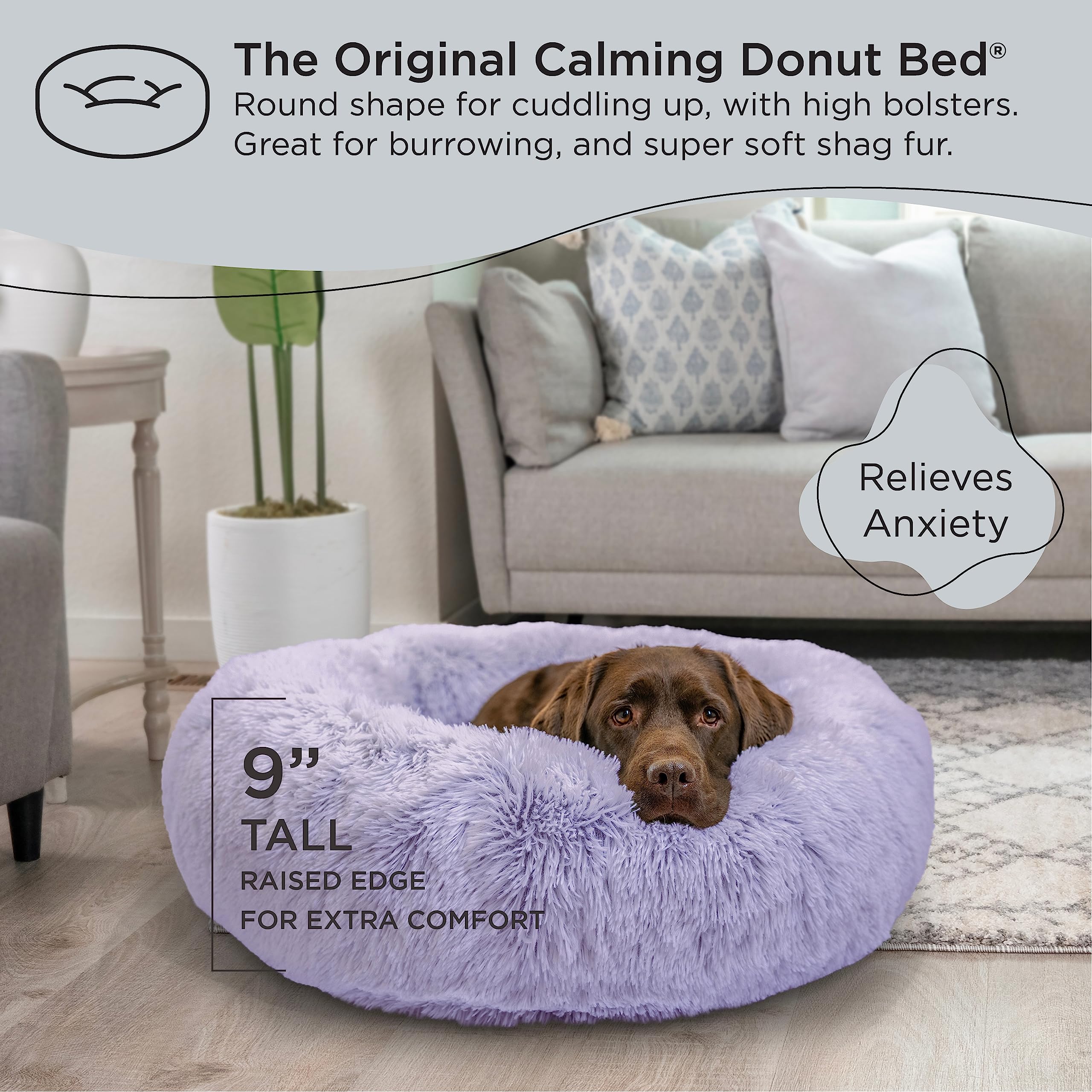 Best Friends By Sheri The Original Calming Donut Dog And Cat Bed In Shag Fur, Lavender, Large, 36X36