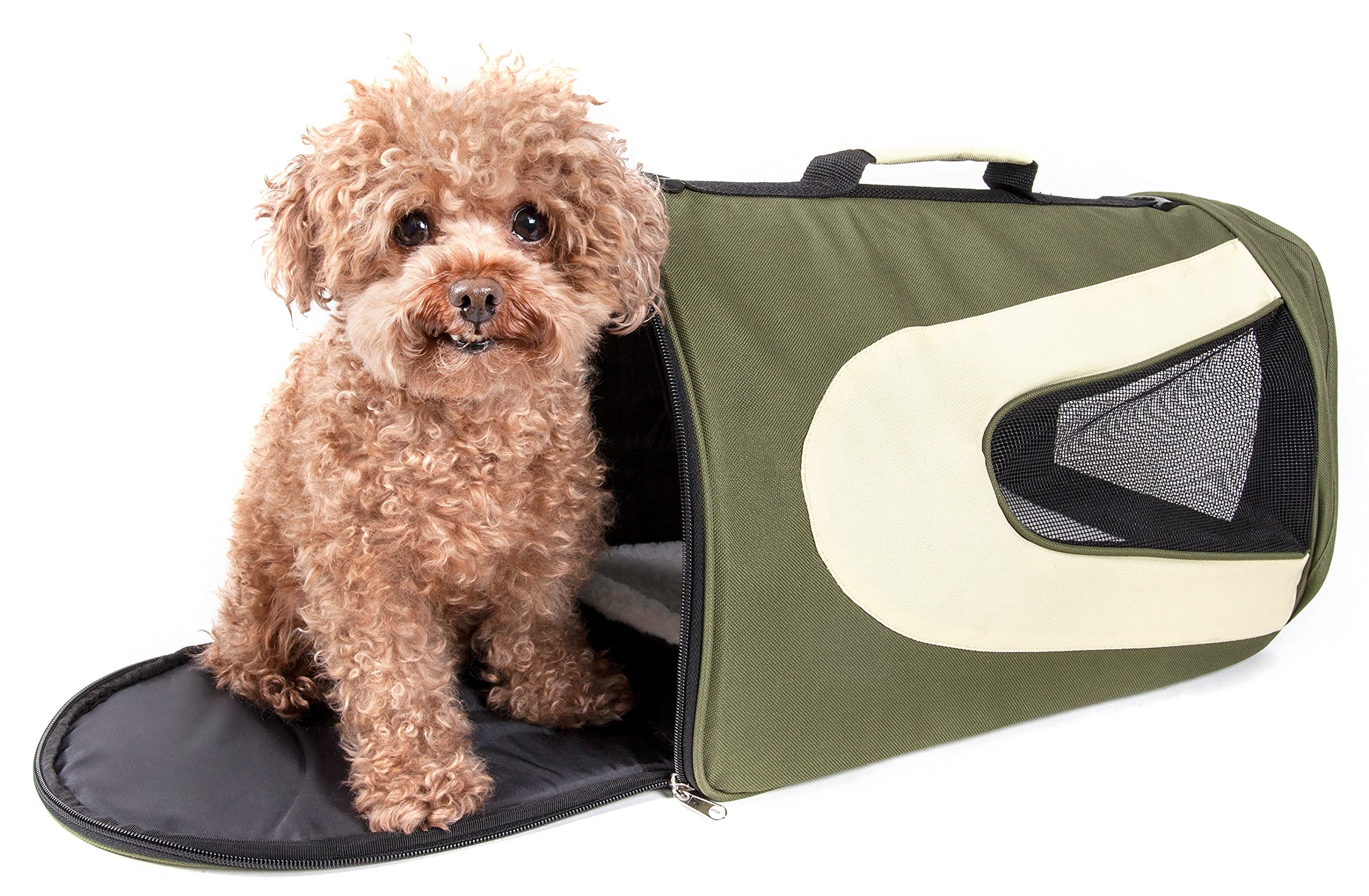 Pet Life Airline Approved Collapsible Zippered Folding Sporty Mesh Travel Fashion Pet Dog Carrier Crate, Medium, Green & Khaki
