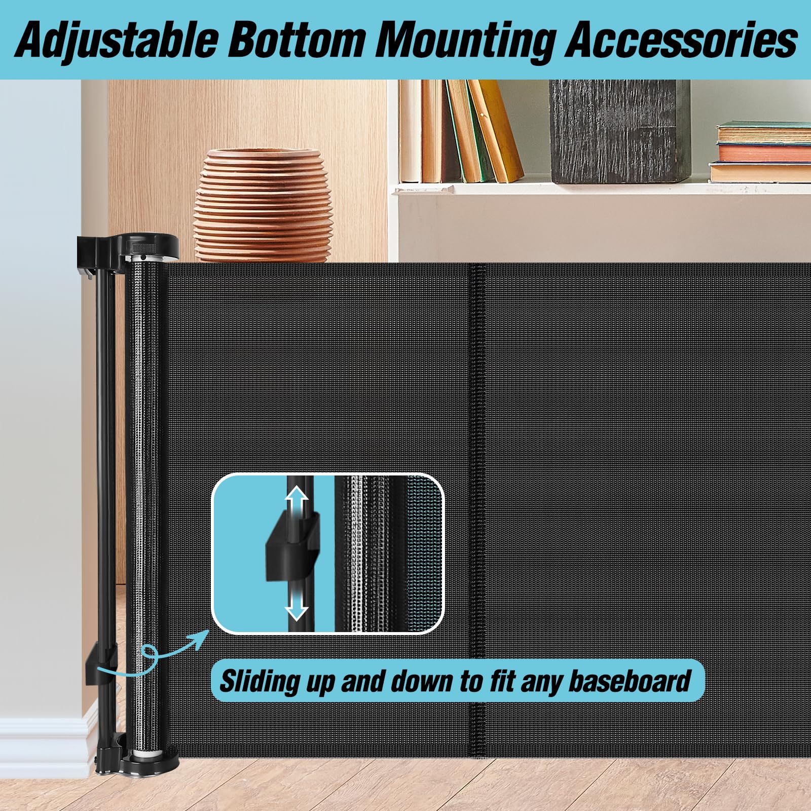 Borthmiu 24 Tall Retractable Baby Gate - 55 Wide, Reinforced Mesh Dog Gate for Kids & Pets, Black, Easy Step Over Design