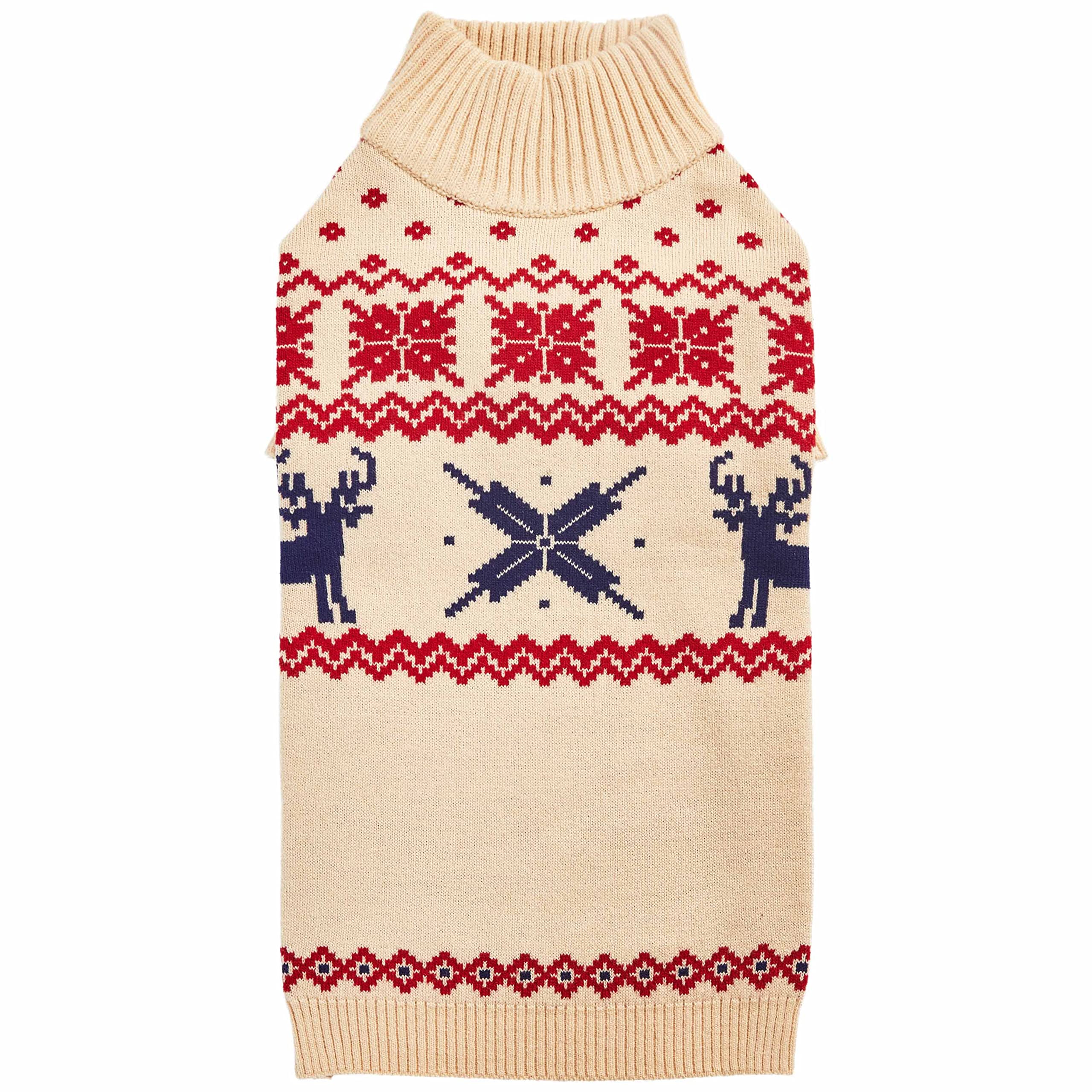 Blueberry Pet Christmas Reindeer And Snowflake Dog Sweater In Light Beige, Back Length 20', Pack Of 1 Clothes For Dogs
