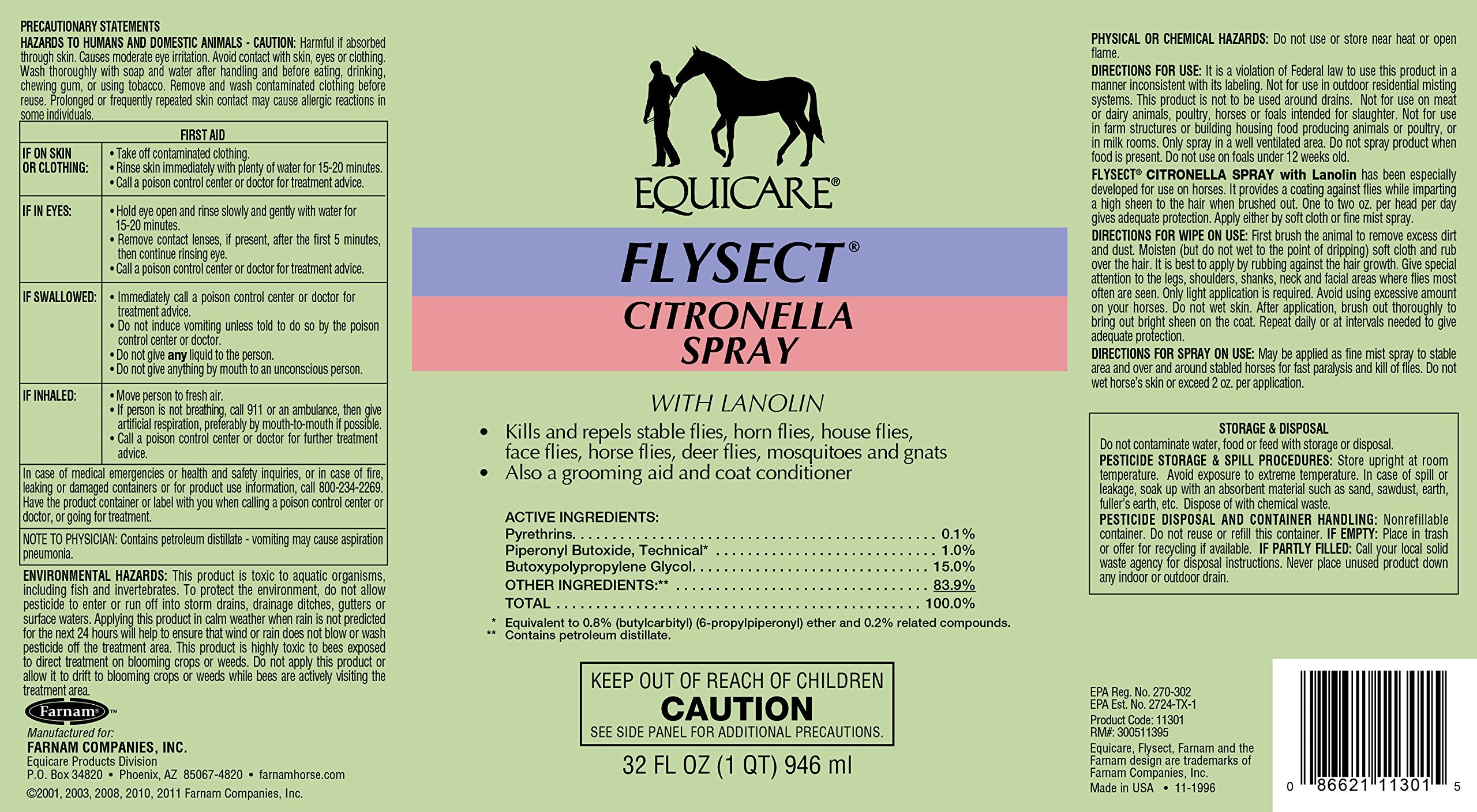 Farnam Equicare Flysect Citronella Spray, 32 oz Trigger, Multicolored, Model 11301