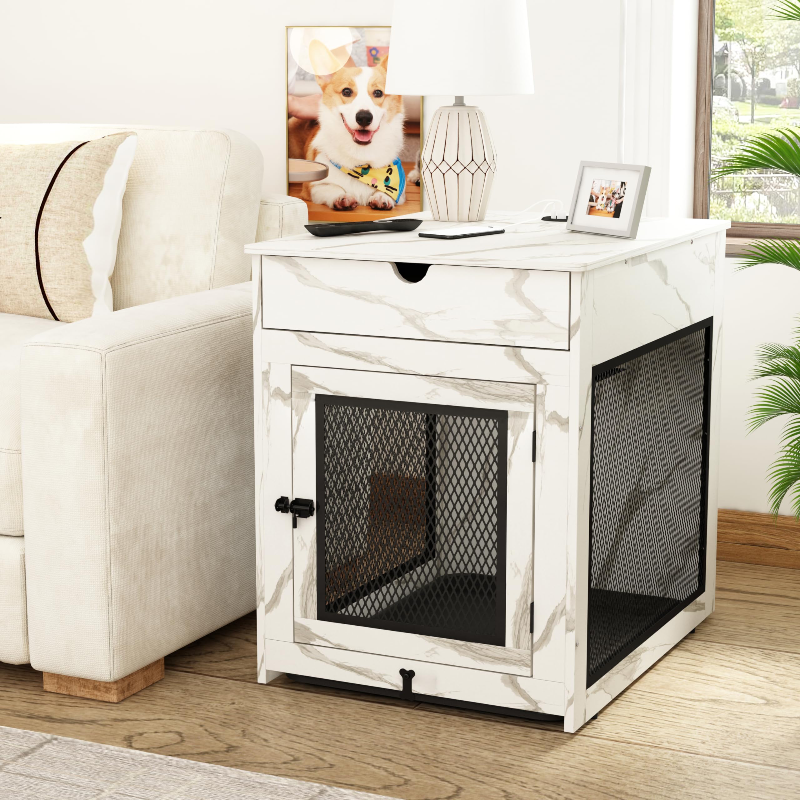 Piskyet Dog Crate Furniture,Wooden Dog Crate End Table with Storage Drawer&Cushion&Tray, QC3.0 Wireless Charging,Dual USB,Medium