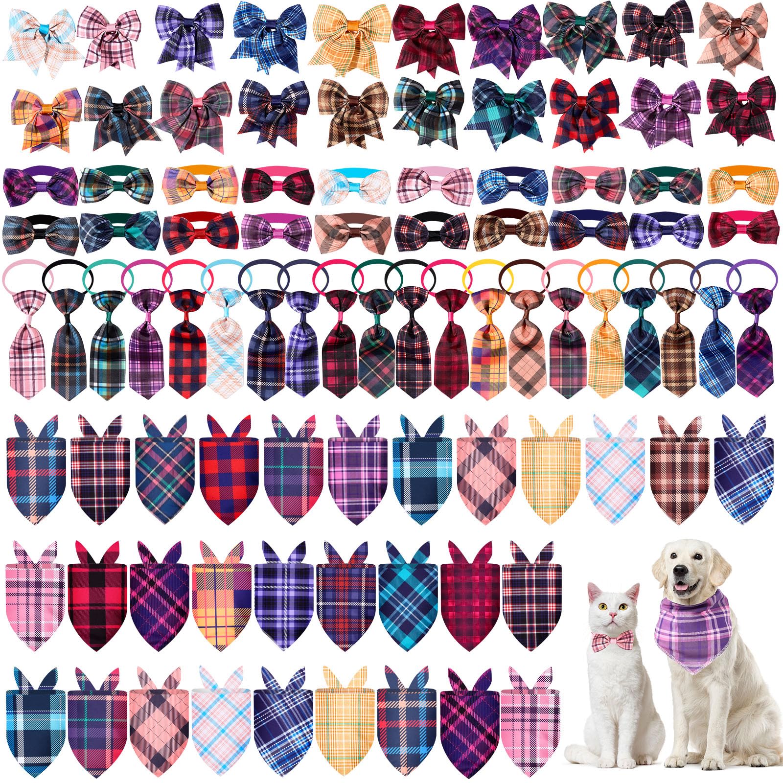 Reginary 120 Pcs Plaid Dog Bandanas Bulk Dog Bows Set Bow Ties Cat Scarf Colorful Washable Triangle Pet Kerchief Cute Bib For Su