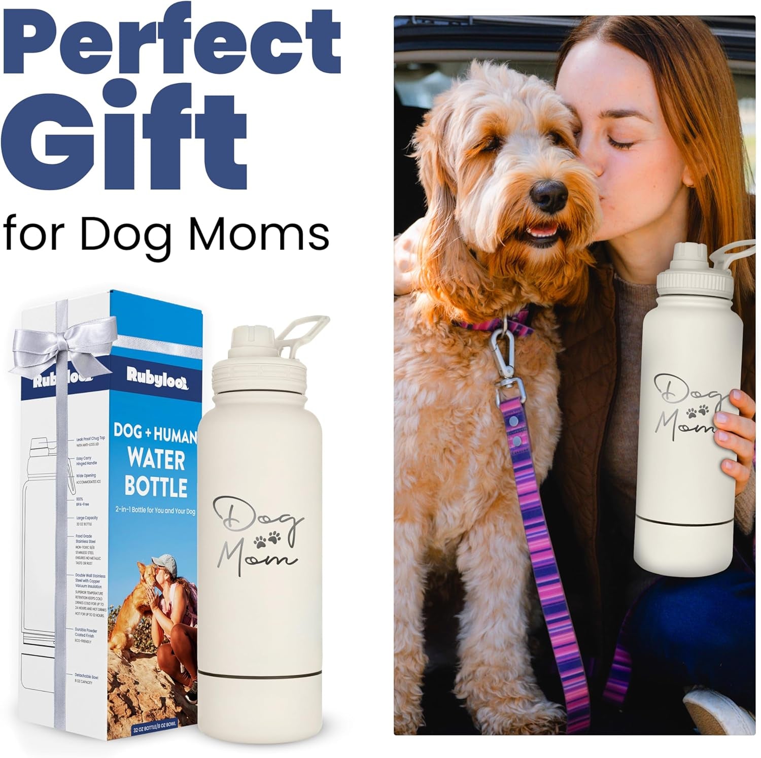 Dog Mom Water Bottle 32oz Insulated Stainless Steel with Dog Bowl Travel
