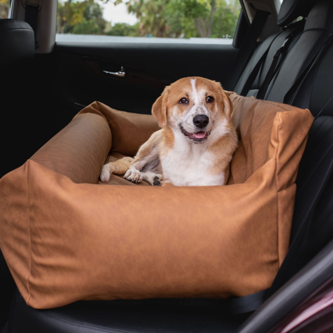 PupProtector Faux Cool-to-Touch Vegan Leather Memory Foam Dog Car Bed - Camel