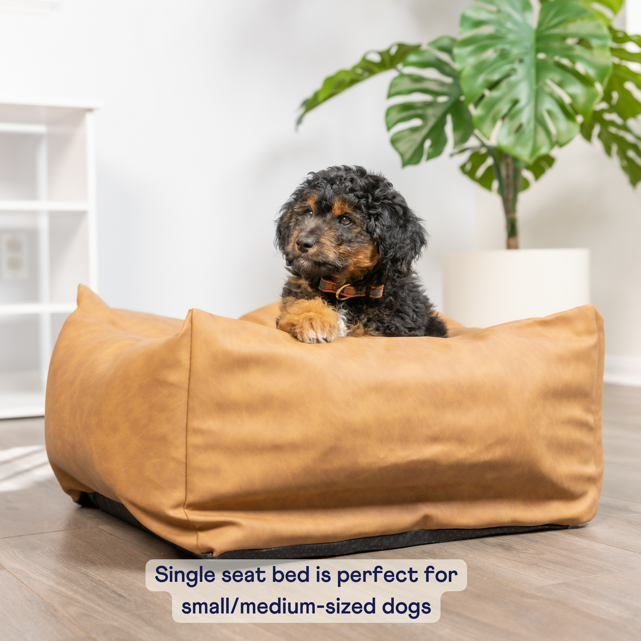 PupProtector™ Faux Cool-to-Touch Vegan Leather Memory Foam Dog Car Bed - Camel