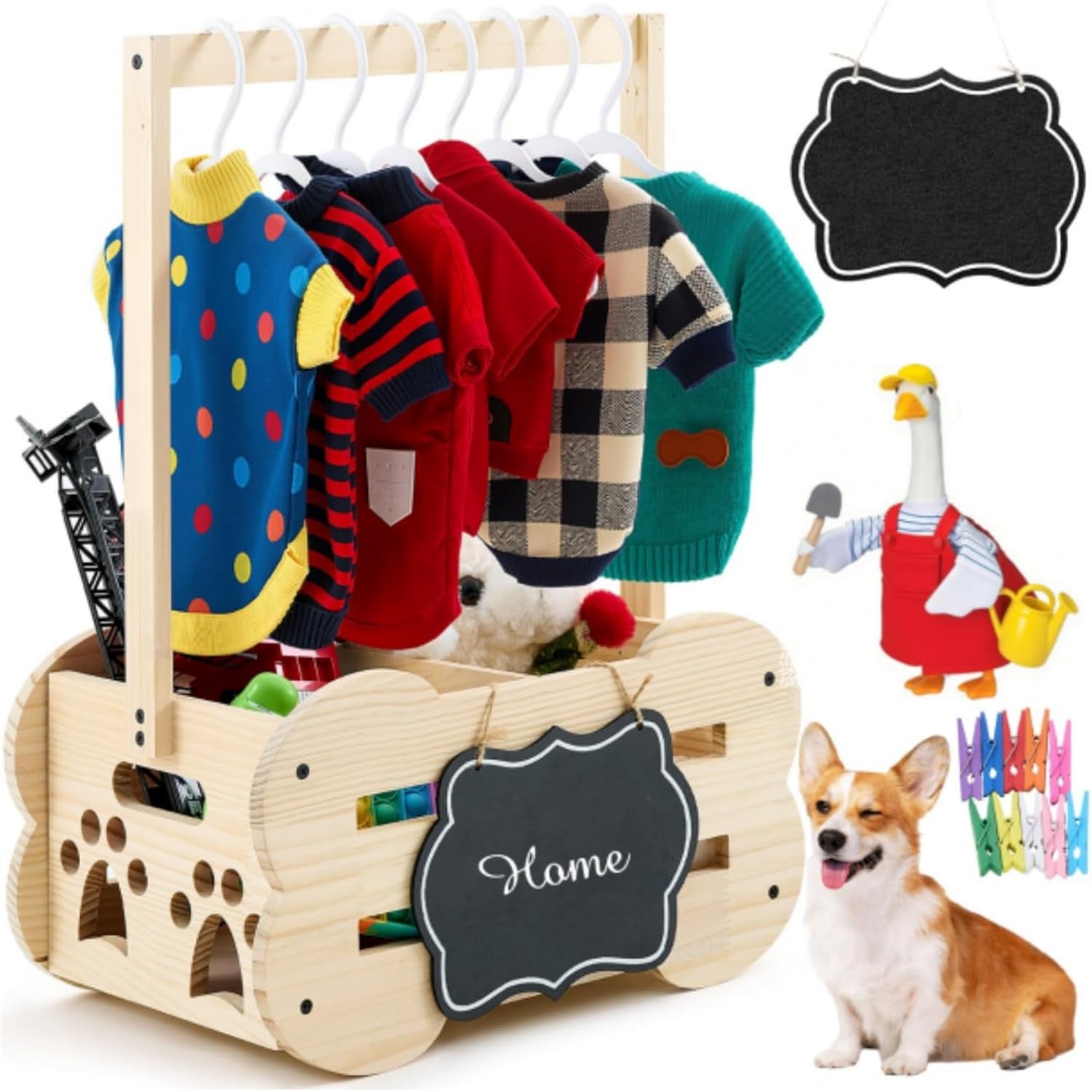 Dog Storage Organizer Wooden Closet Toy Clothes Rack Hangers 20in