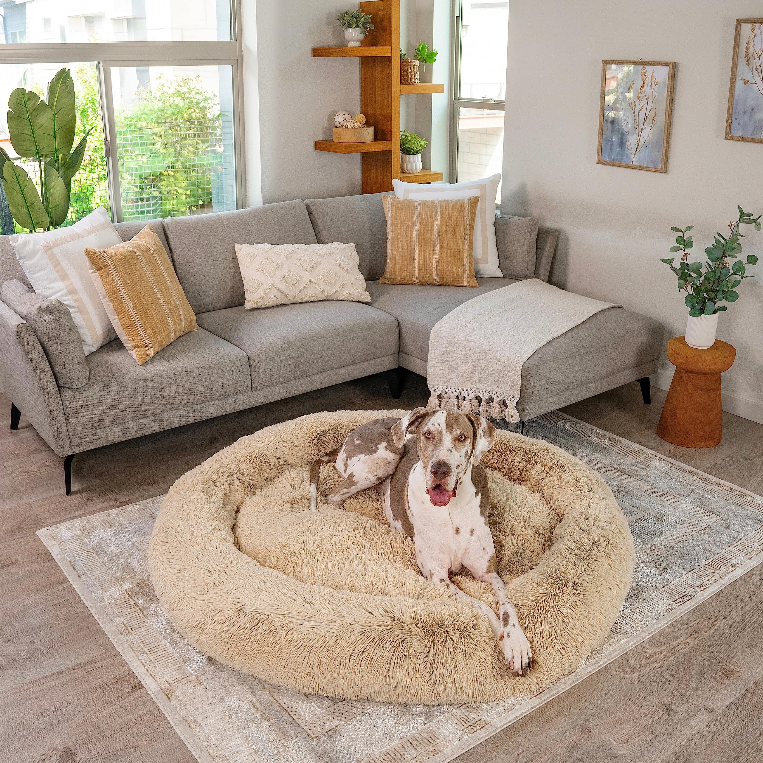 Best Friends By Sheri The Original Calming Donut Shag 2Xl Dog Bed For Big Dogs, Taupe, 54' X 54'