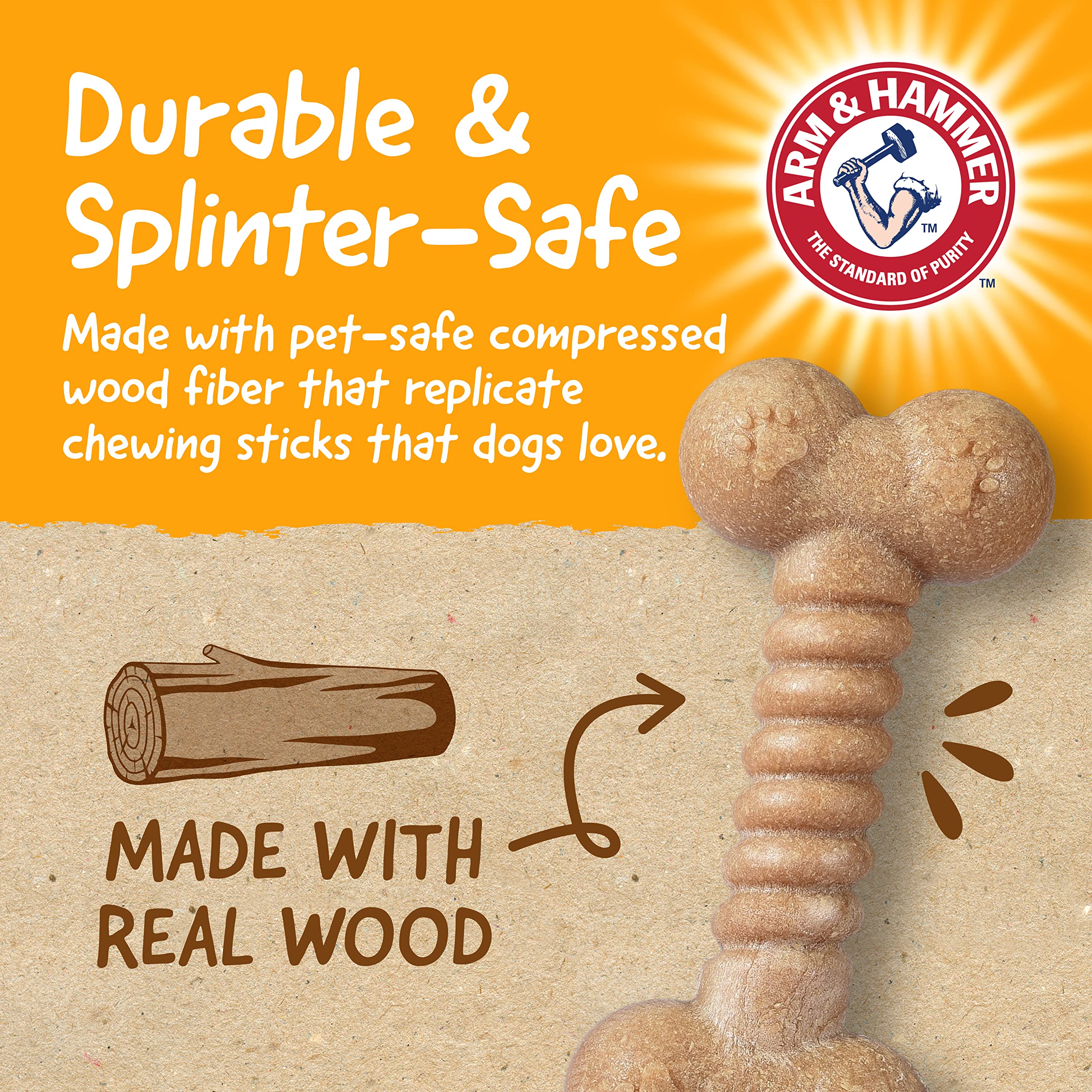 Arm & Hammer for Pets Barkies Classic Bone Compressed Wood Collection, 5 Inch Peanut Butter Flavored Wood Blend Chew Toy| Faux S