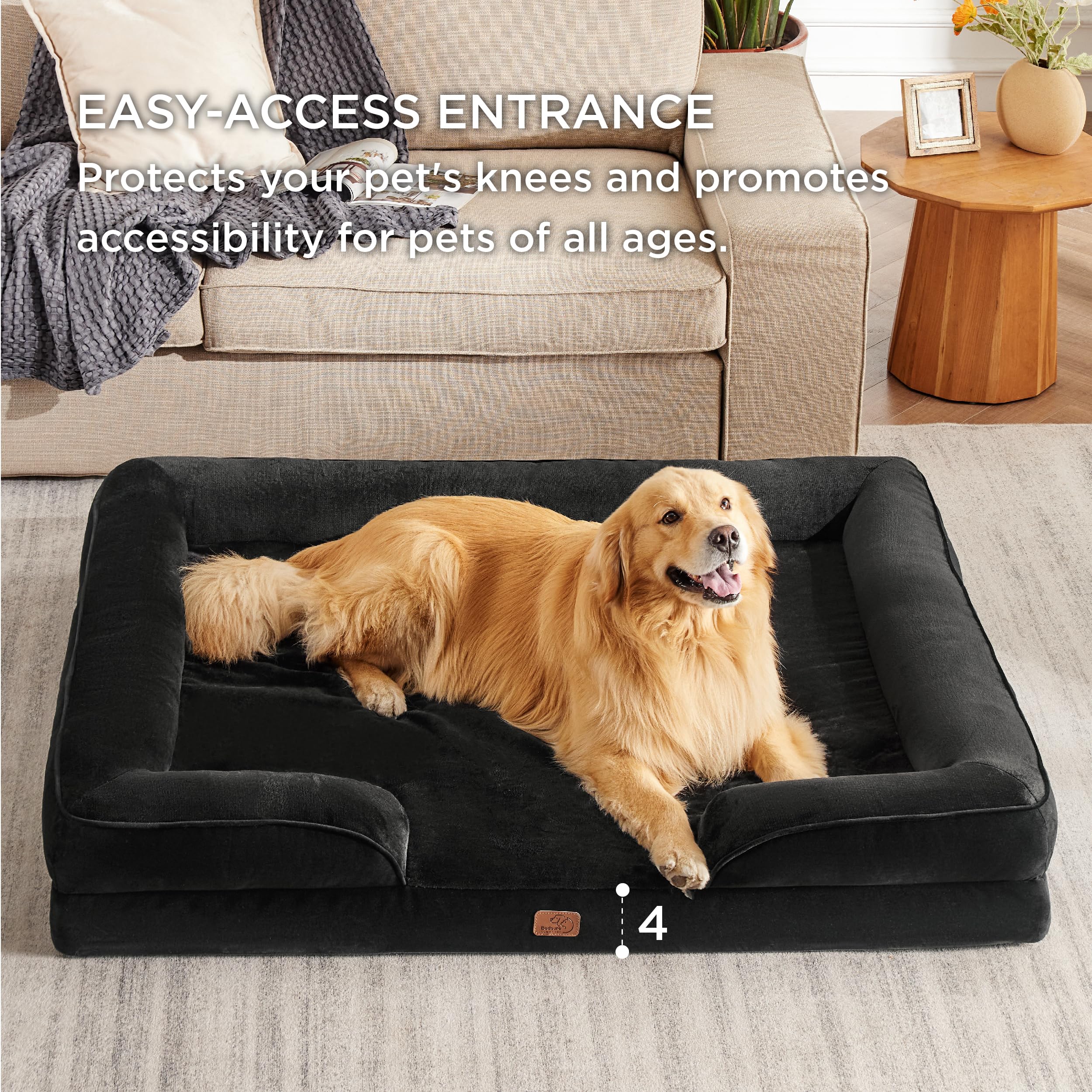 Bedsure XXL Orthopedic Dog Bed - Washable Foam Couch for Giant Dogs, 53"x42"x8", Black, Waterproof, Nonskid Bottom