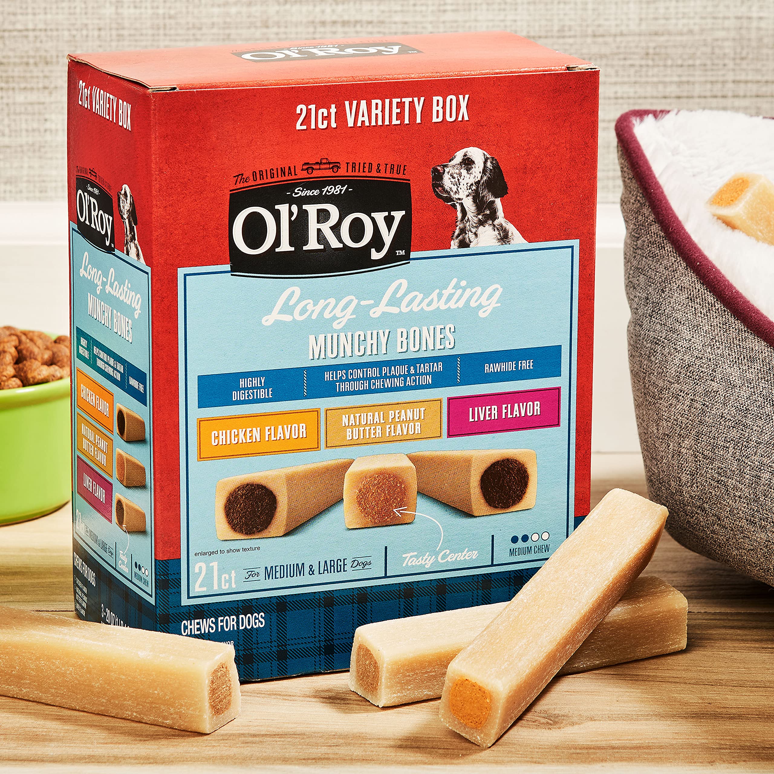 Ol Roy Munchy Bones Dog Treats Variety Box, Chicken, Peanut Butter, Liver, 21 ct