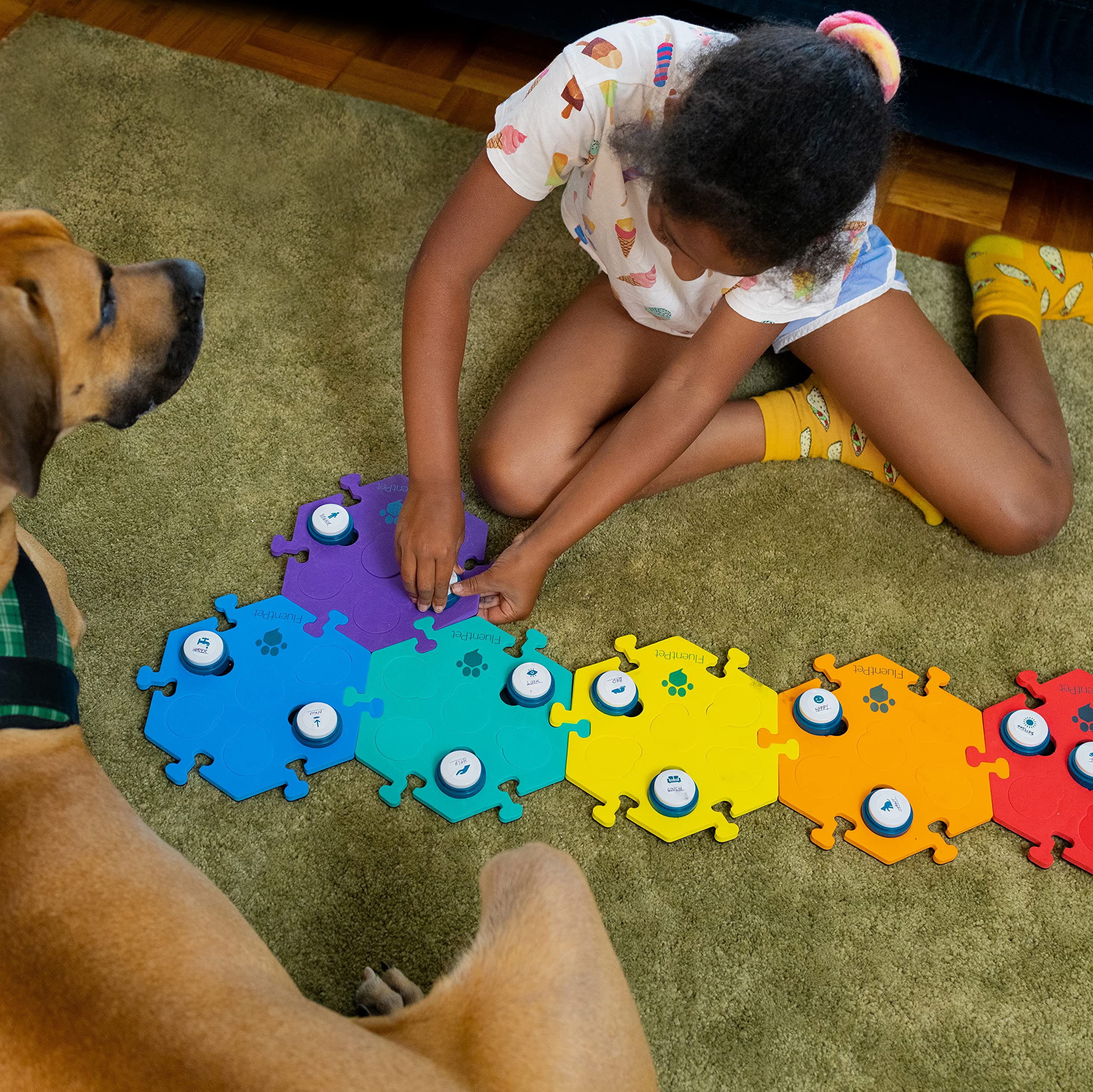 FluentPet Basic Vocab Kit - 12 Recordable Buttons & 6 HexTiles for Dog & Cat Communication - Customizable Talking Button Set