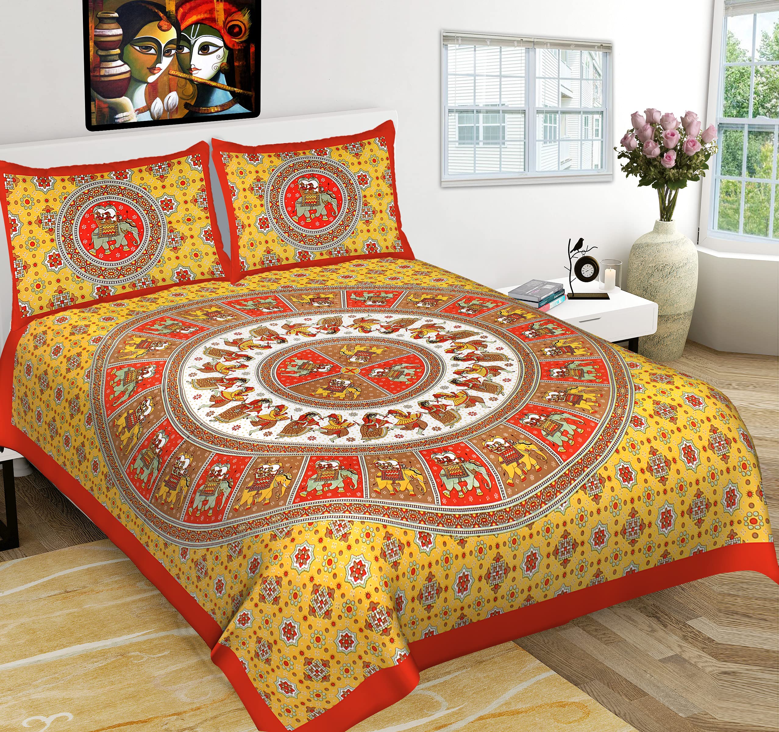 RHF Cotton Double Bedsheet with 2 Pillow Covers  Orange and White (Multicolor10, Double)