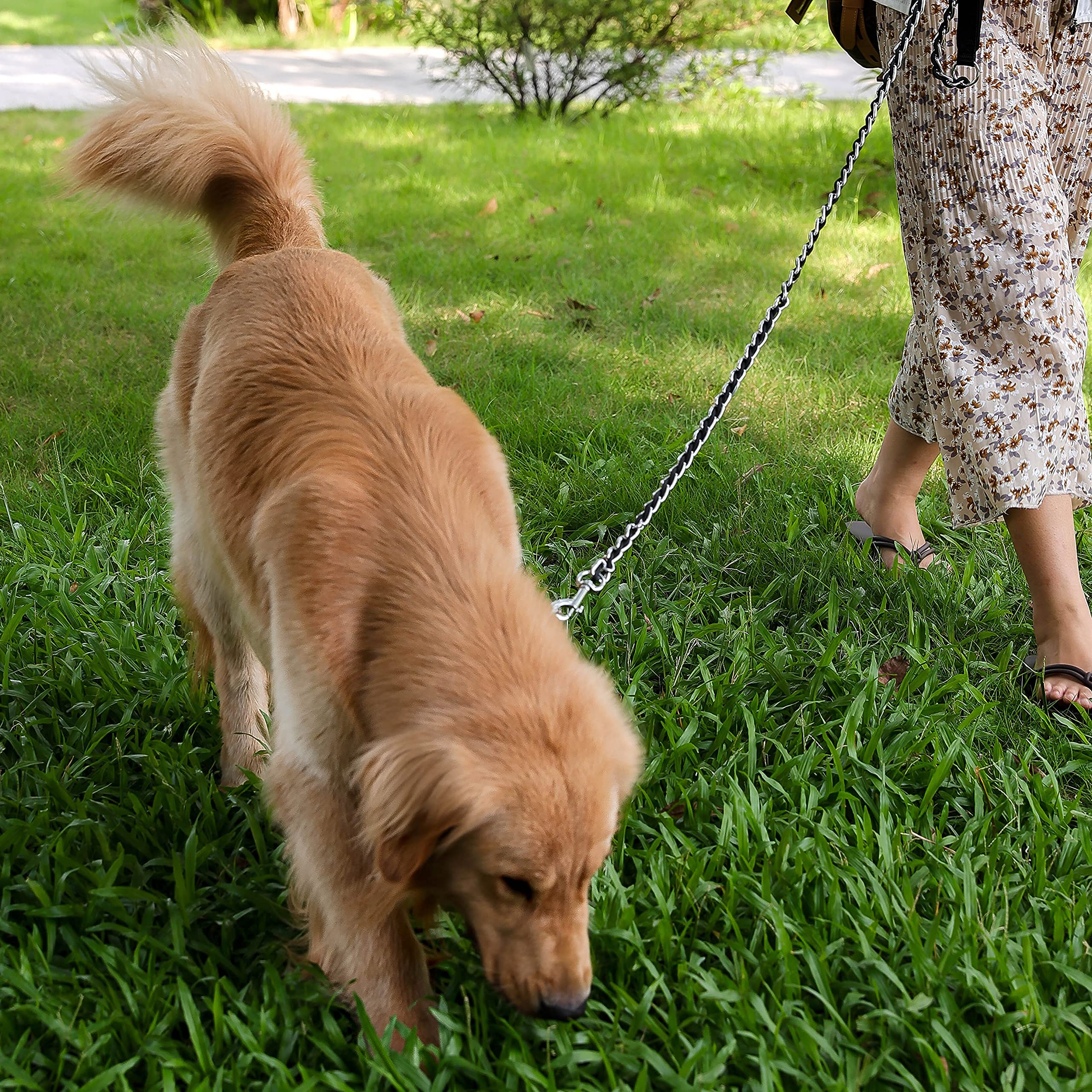 Chew Proof Metal Leash Chain Dog Leash For Medium Large Dogs, Chain Link Dog Leash Anti Chew 5.2Ft Strong Anti Bite Dog Leash Comfortable Soft Padded Handle Red