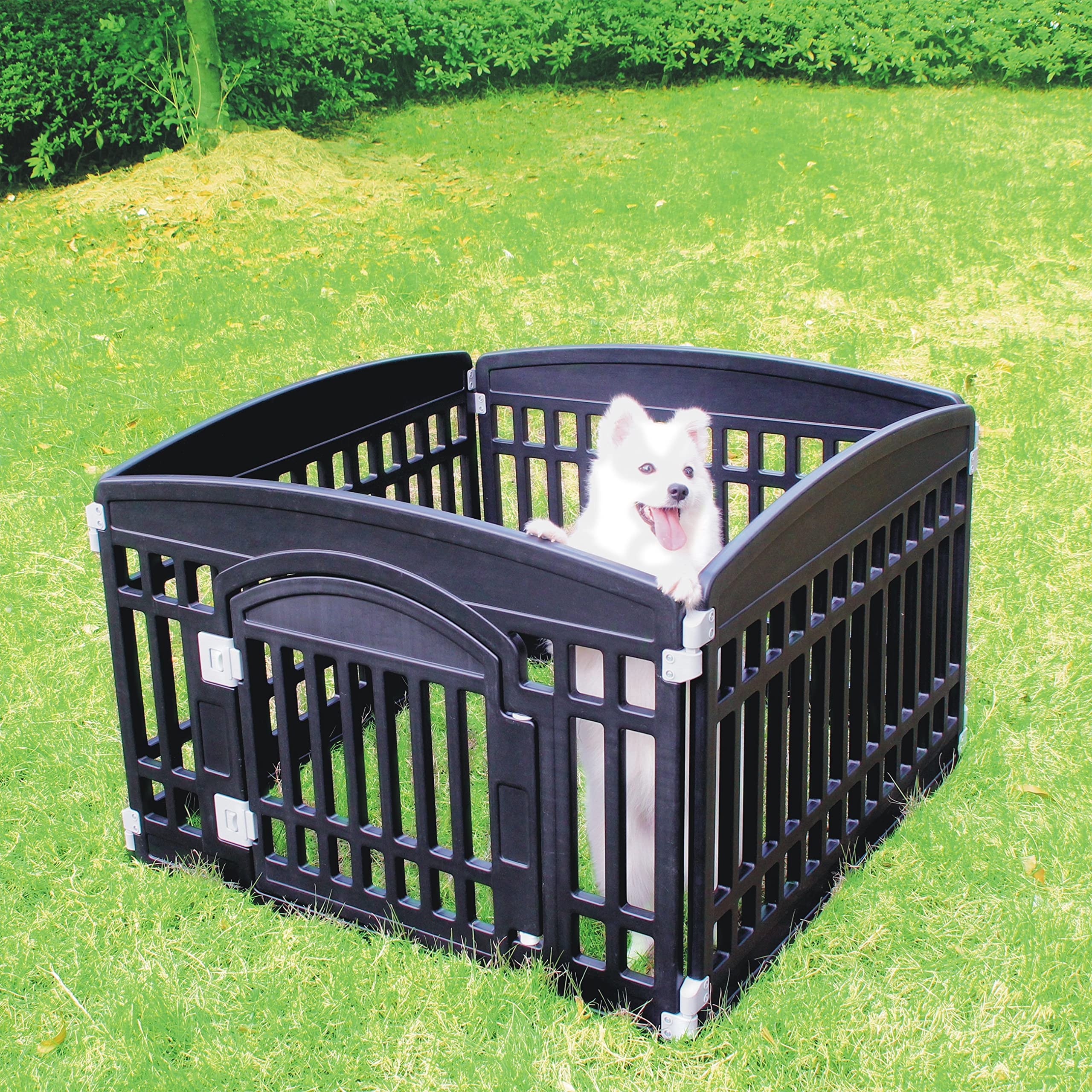 Gupamiga Pet Playpen - Foldable 4-Panel Exercise Pen for Small Dogs - Heavy Plastic, Mesh Top, Black (33.5x33.5 Inches)