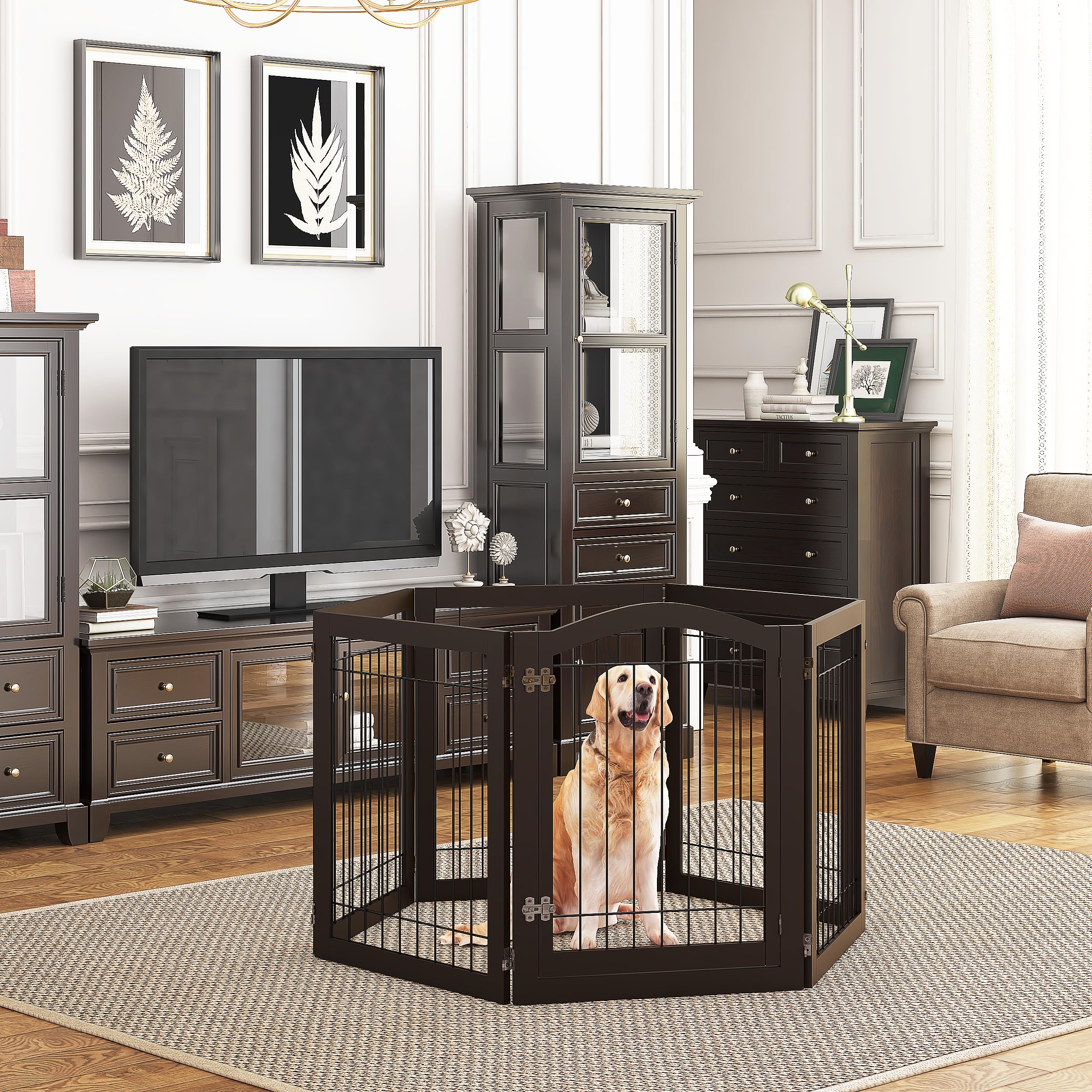 Pawland 144-Inch Extra Wide 30-Inches Tall Dog Gate With Door Walk Through, Freestanding Wire Pet Gate For The House, Doorway, Stairs, Pet Puppy Safety Fence, Support Feet Included, Espresso,6 Panels