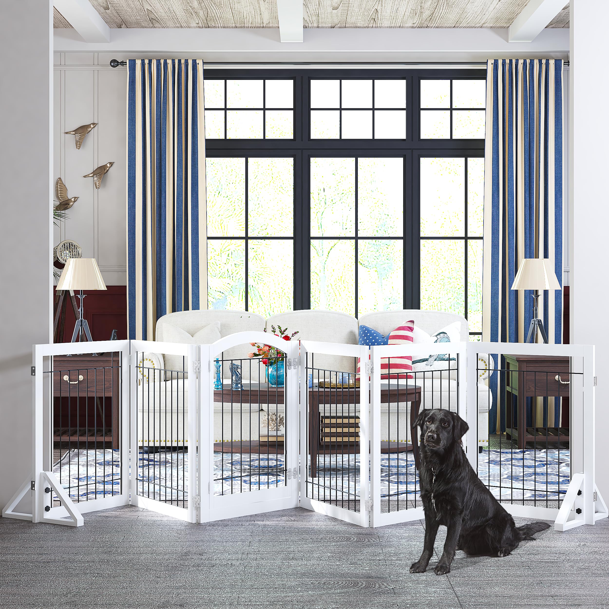 Pawland 144-Inch Extra Wide 30-Inches Tall Dog Gate With Door Walk Through, Freestanding Wire Pet Gate For The House, Doorway, Stairs, Pet Puppy Safety Fence, Support Feet Included, White,6 Panels