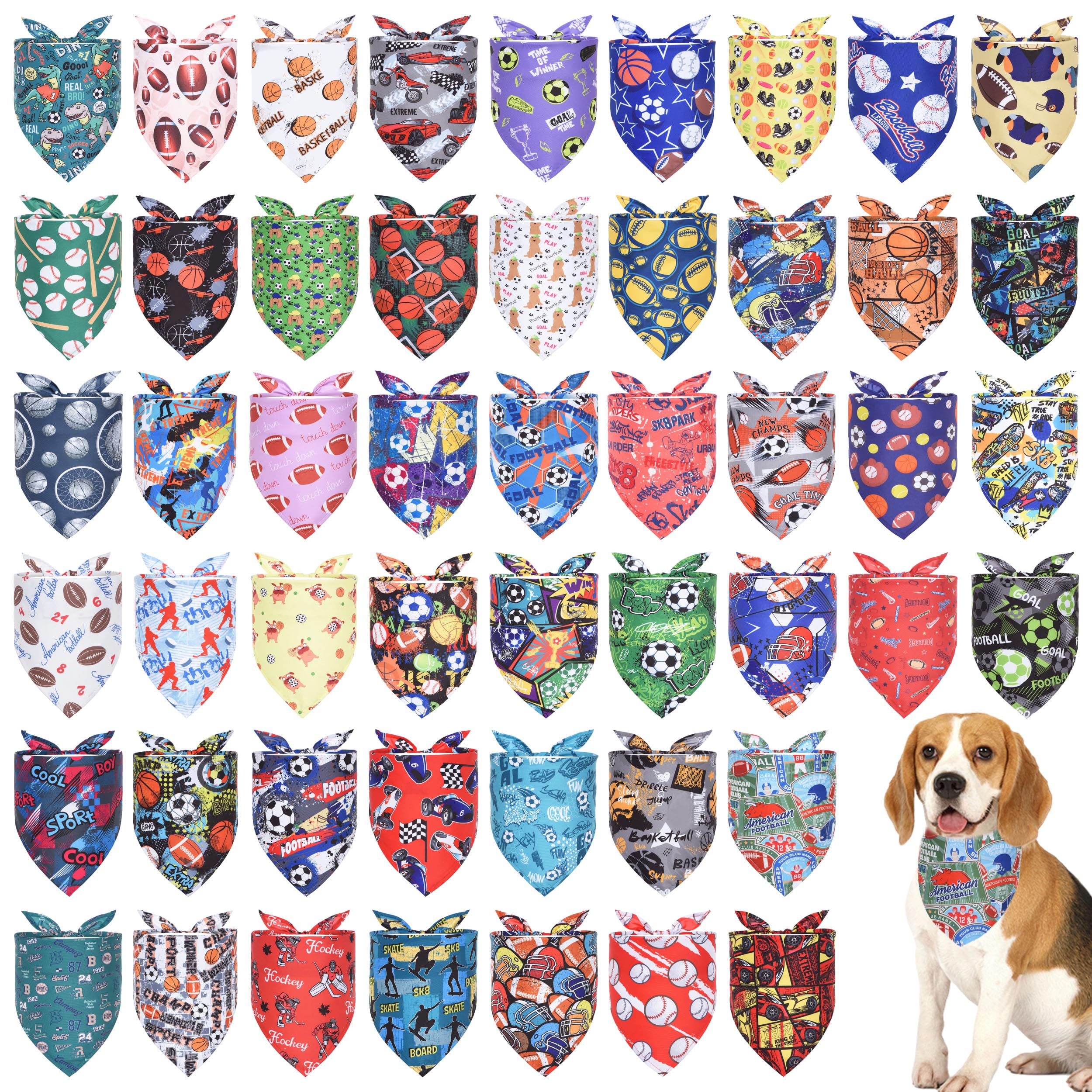 JpGdn 50PCS Dog Bandanas Boy Large Bulk Sports America Football Baseball Basketball Racing Skate Soccer for Extral Large XL XXL 