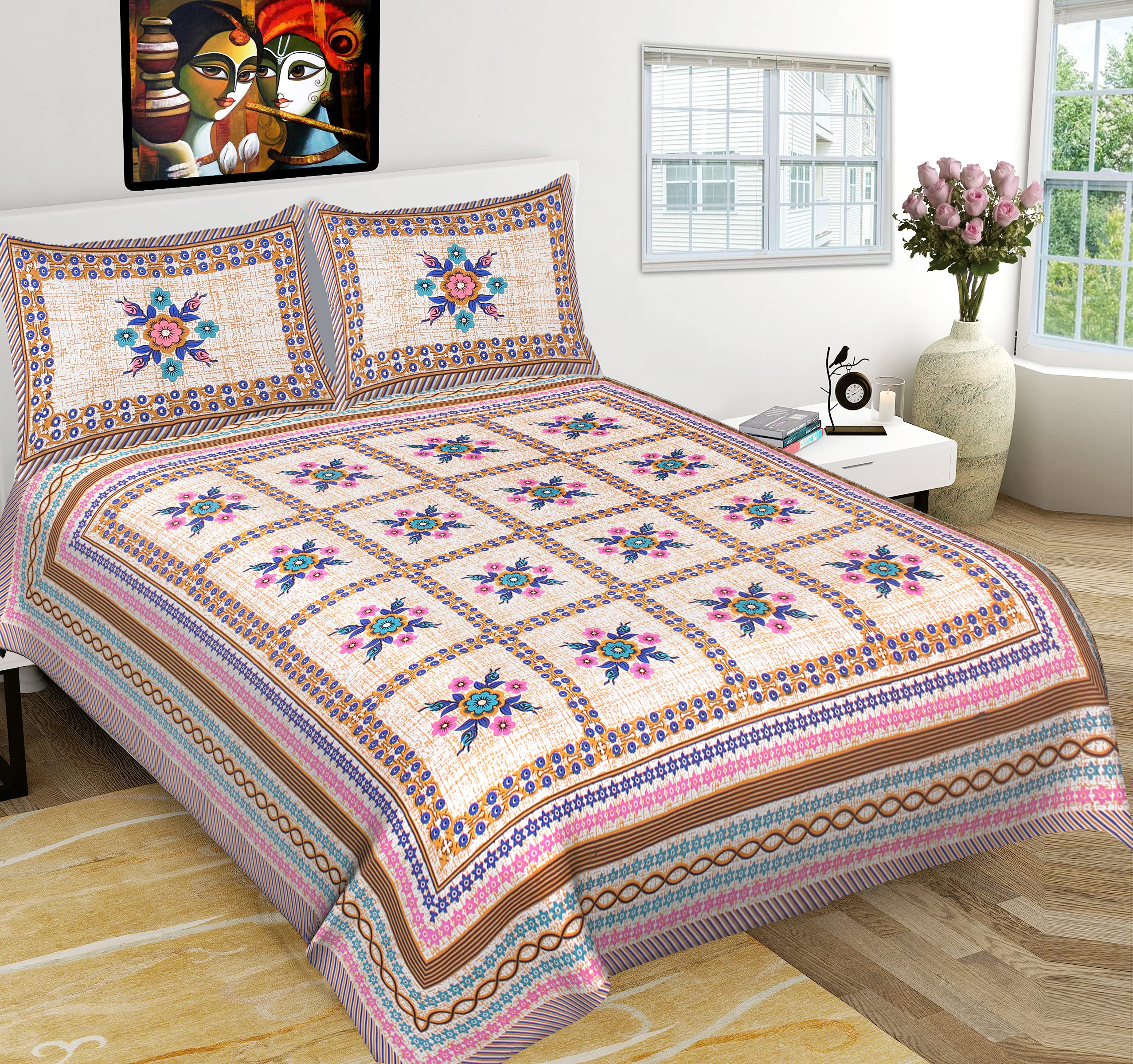 RHF Cotton Double Bedsheet with 2 Pillow Covers  Orange and White (Multicolor5, Double)