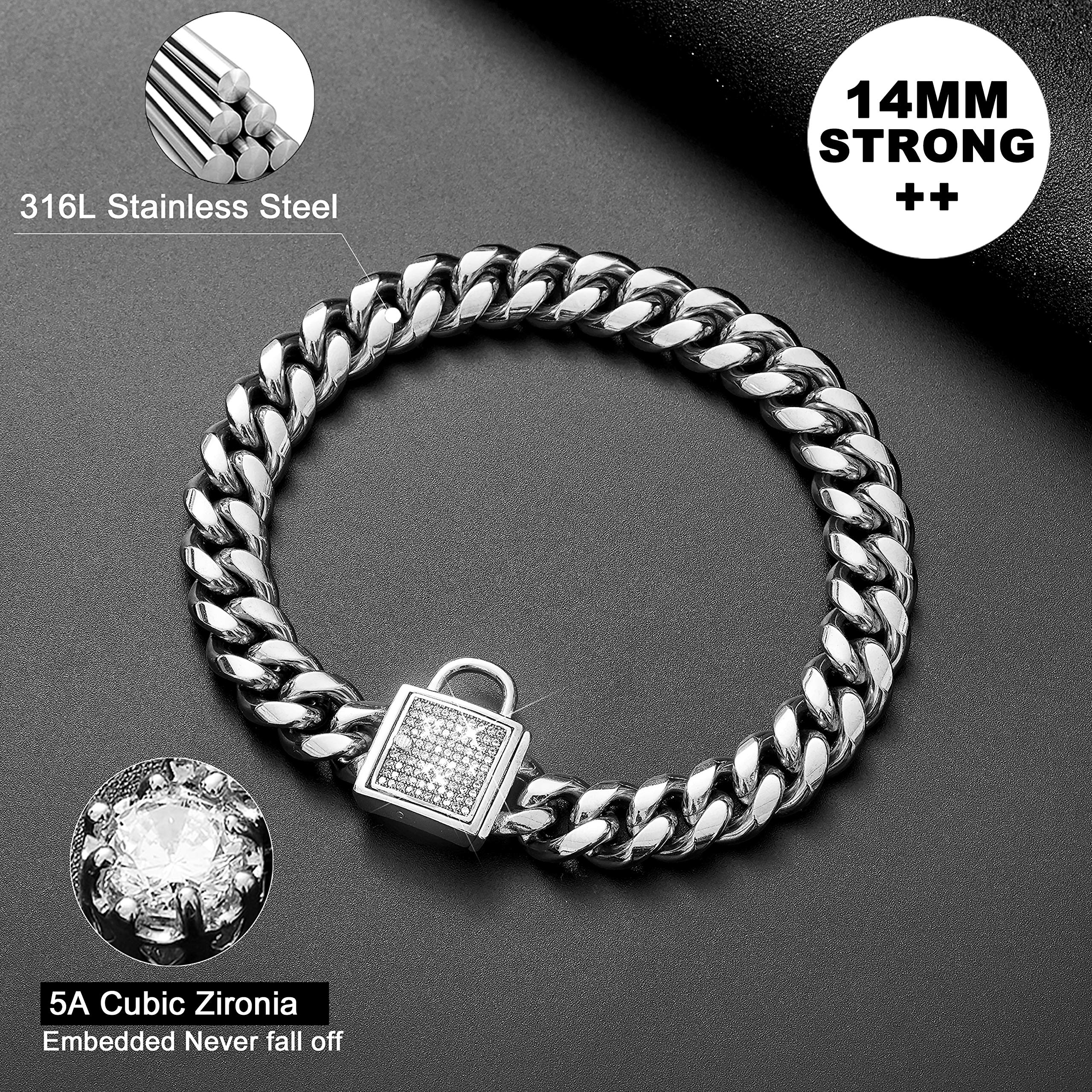 Dog Collar With Zirconia Locking 14Mm Silver Metal Puppy Collar Luxury Dog Bling Necklace Small Medium (14Mm, 12')