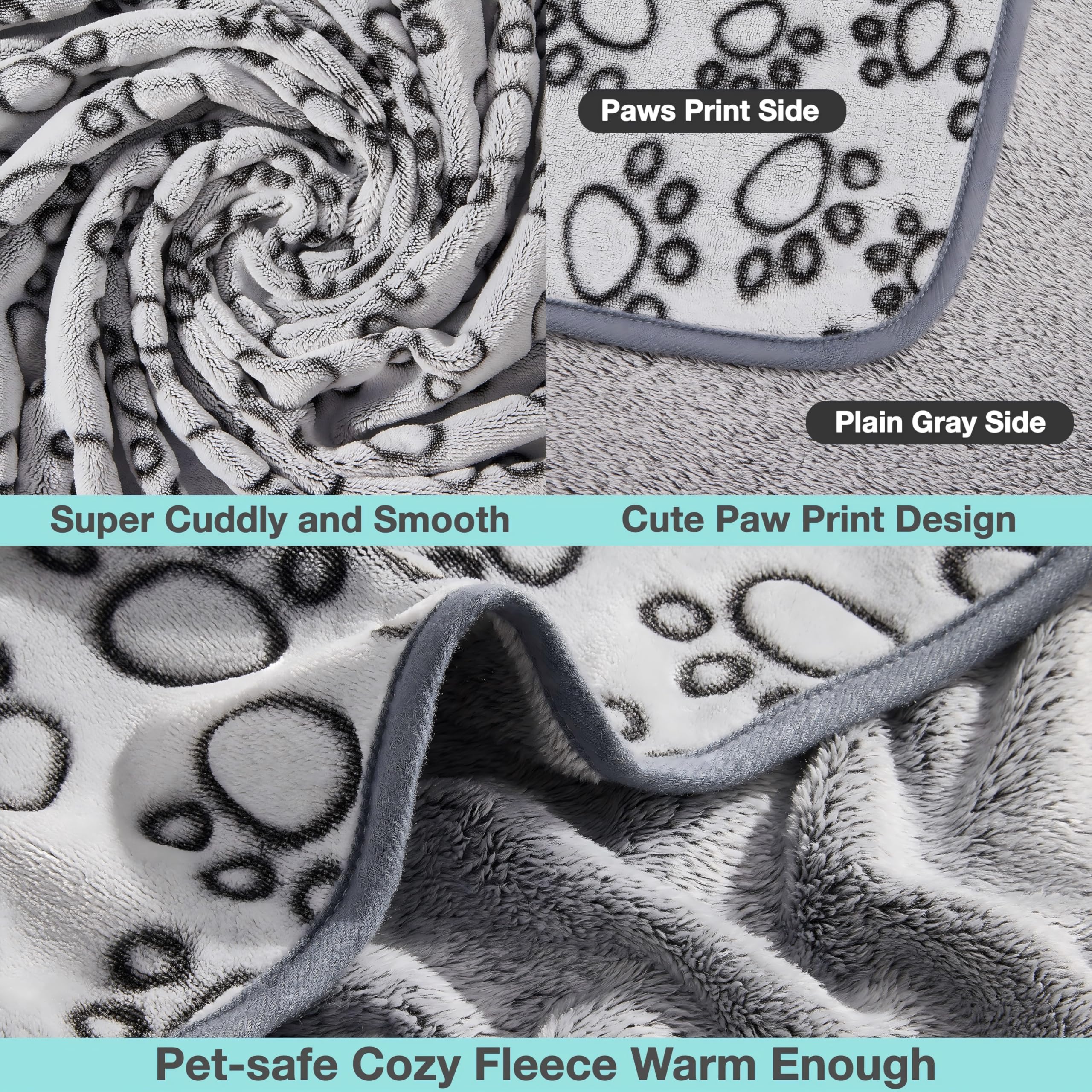 Stuffed Premium Soft Dog Blanket, With Flannel Grey Cute Paw Print, 43 * 66 Inches