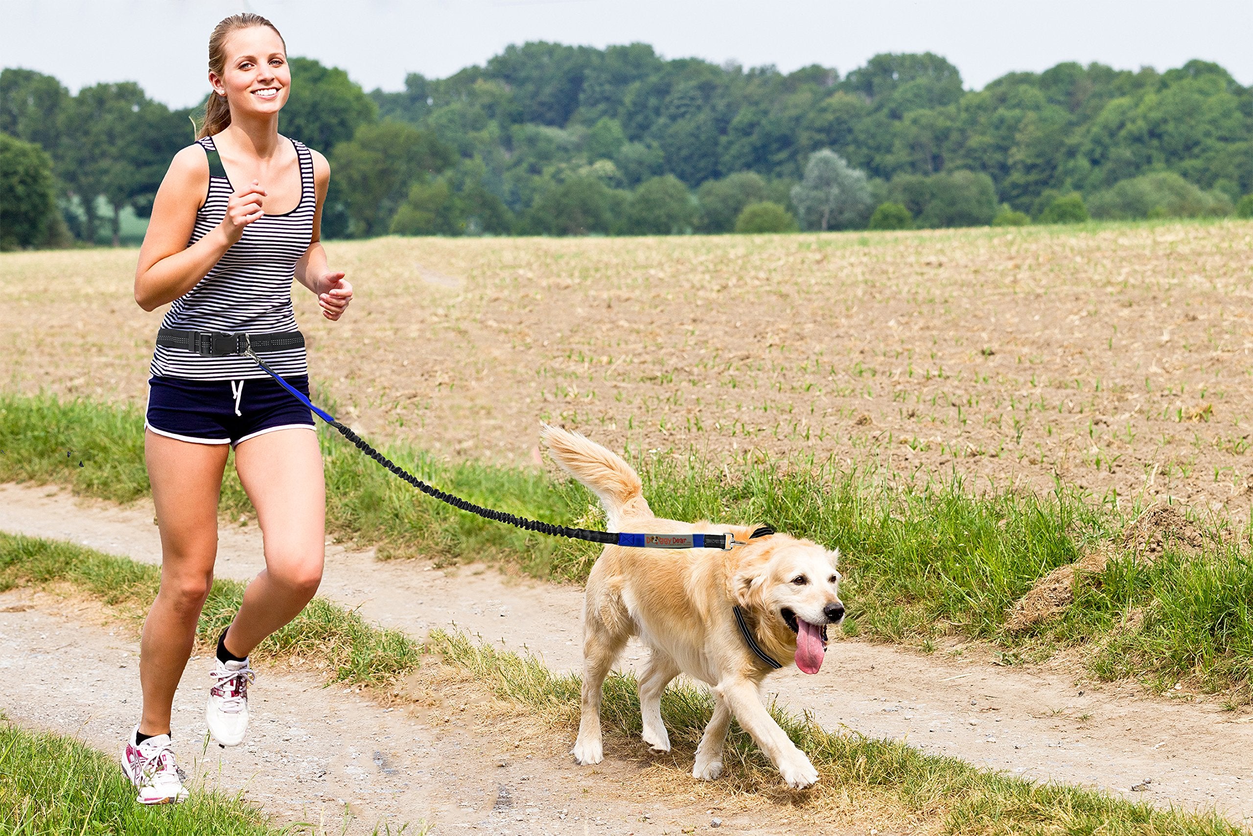 Doggy Dear Retractable Hands Free Dual Bungee Dog Leash for Running, Walking, Hiking, Reflective Stitching