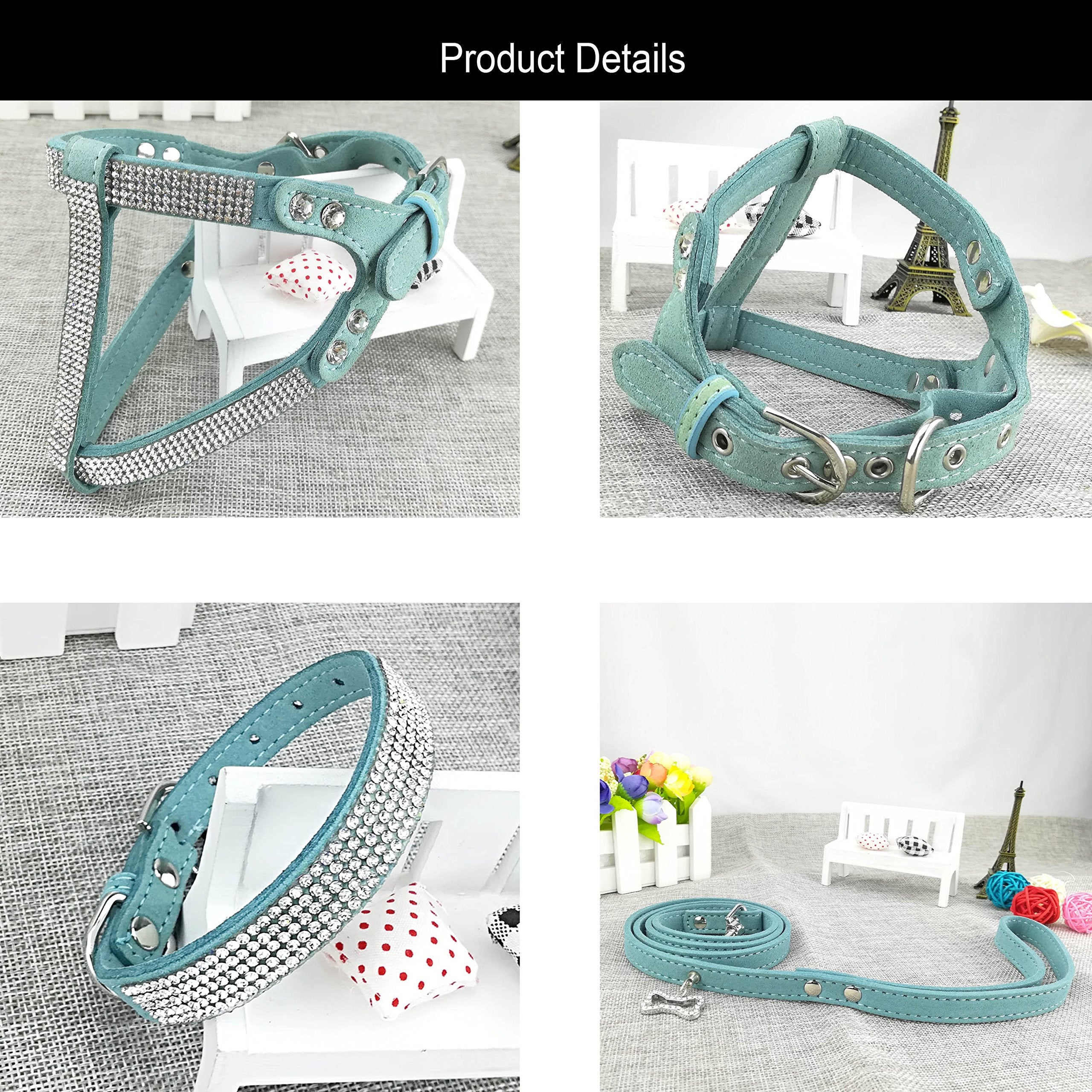 Newtensina Dog Collar & Harness & Lead Sets Fashion Dog Collar Diamante With Harness & Leashes Comfortable Soft Collar Harness And Leashes Set For Dog - Blue - S
