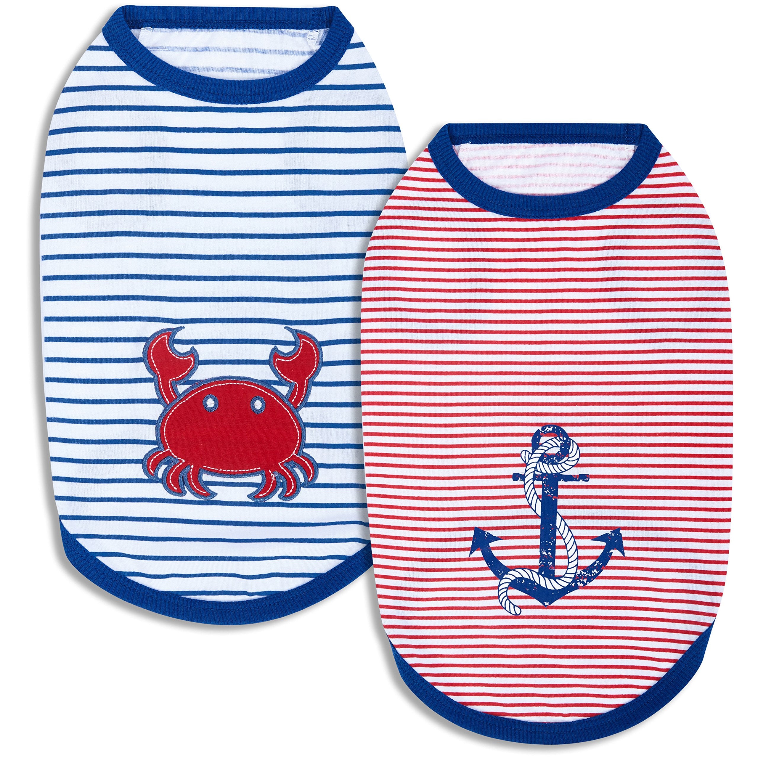 Blueberry Pet Soft & Comfy Summer Vacation Beach Cotton Dog T-Shirts, 2 Pack, Sunshine Sea Lover Striped Shirts Tank Top Clothes