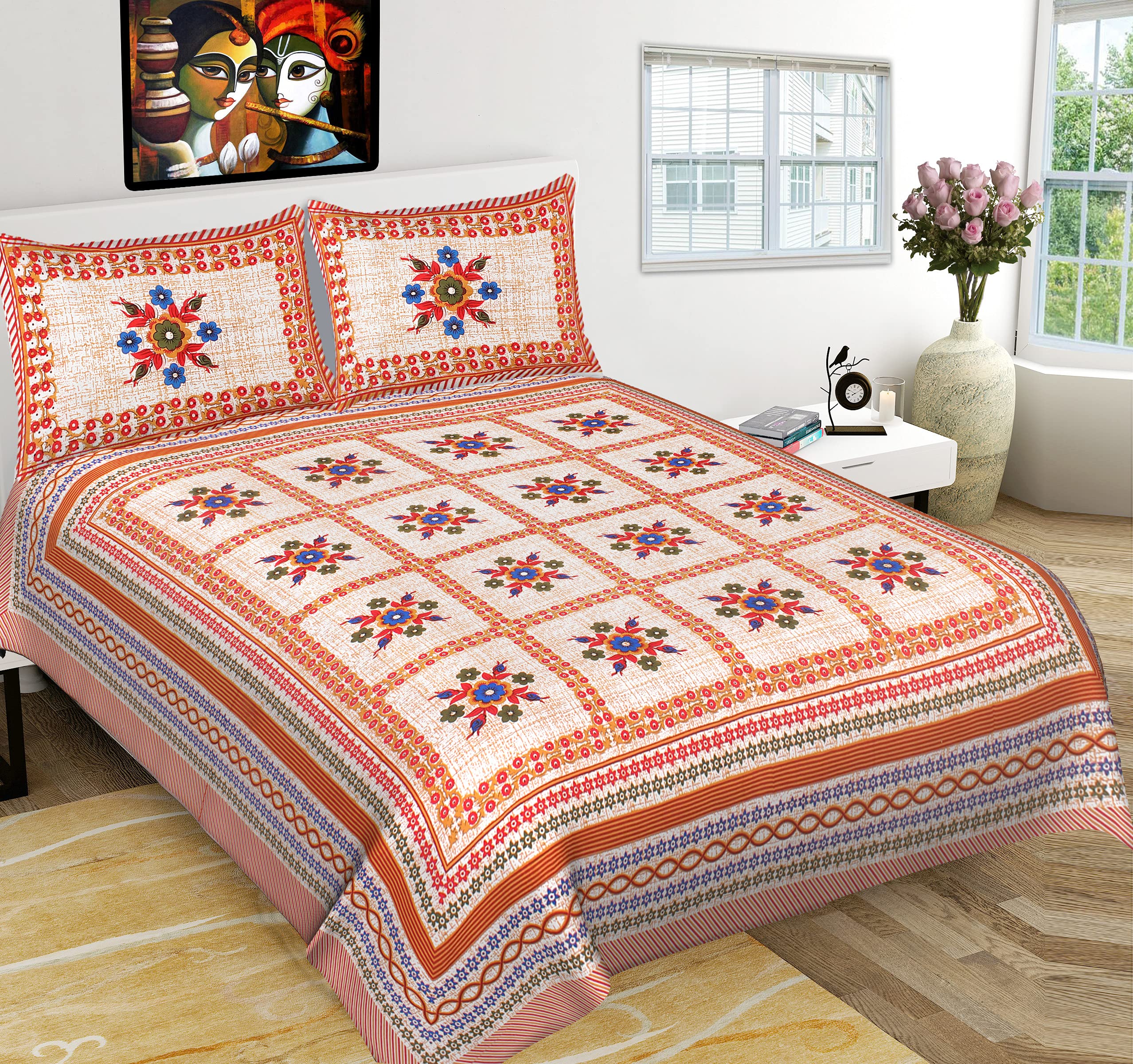 RHF Cotton Double Bedsheet with 2 Pillow Covers  Orange and White (Multicolor2, Double)