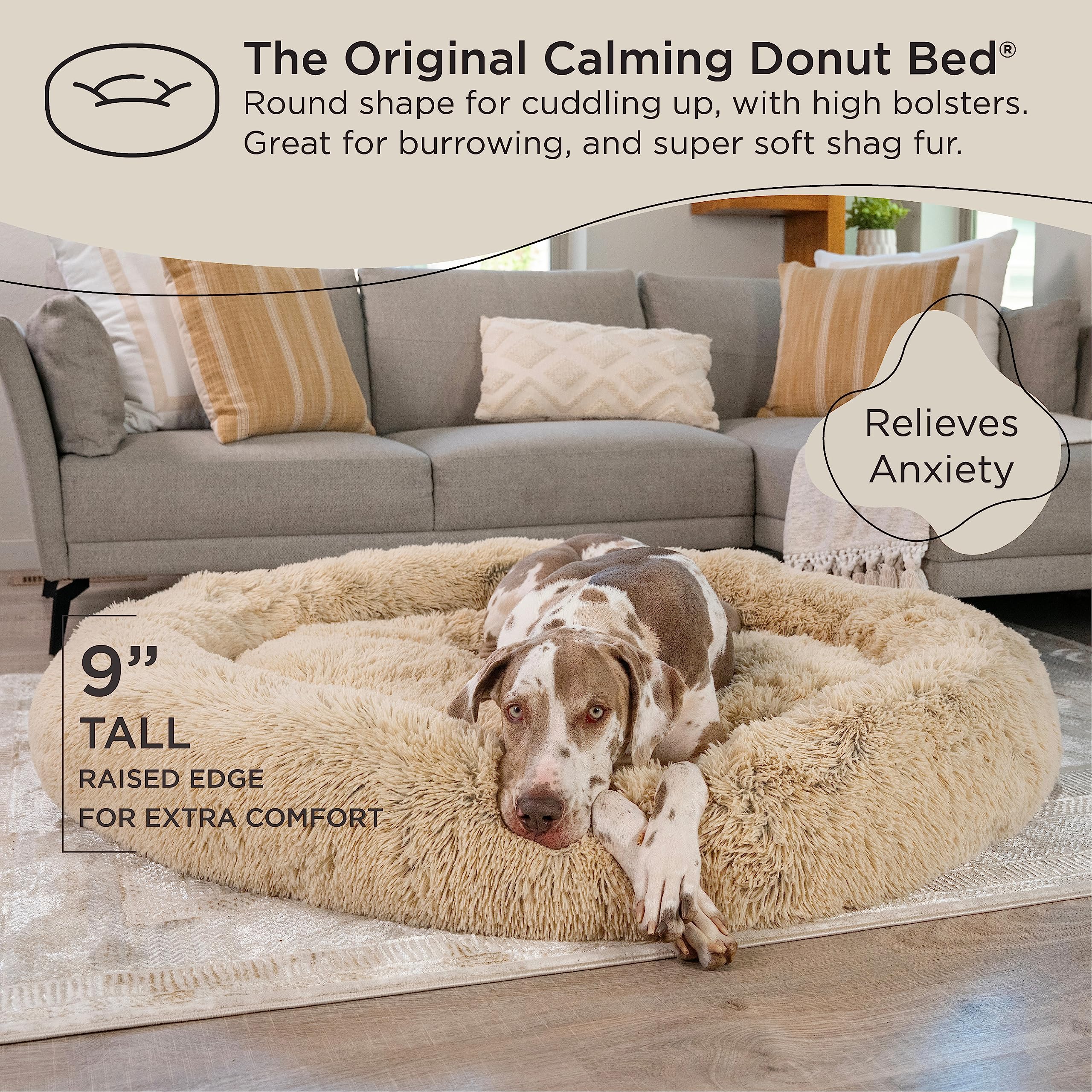 Best Friends By Sheri The Original Calming Donut Shag 2Xl Dog Bed For Big Dogs, Taupe, 54' X 54'