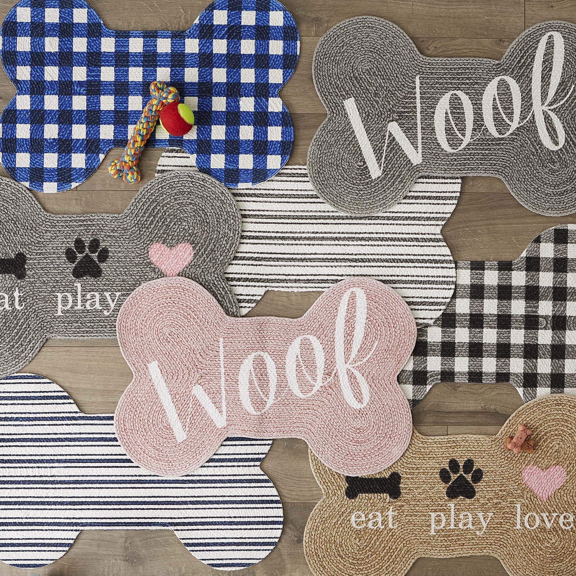 Bone Dry DII Braided Pet Mat Collection 100% Cotton, Bone Shape, Gray Eat Play Love