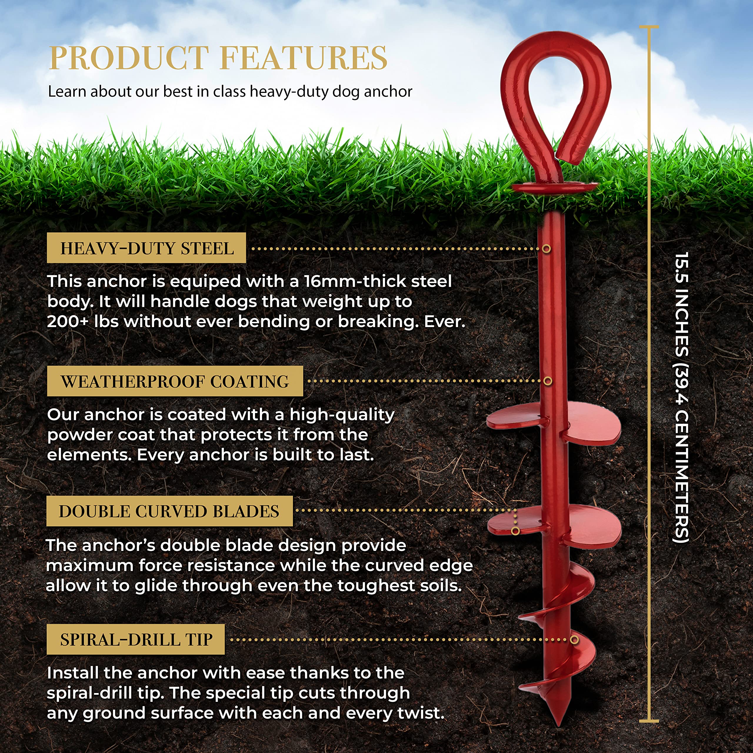 Royal Paw Dog Tie Out Stake - Heavy Duty Dog Stake For Large Dogs Up To 210 Lbs, Dog Stakes For Outside, Dog Anchor, And Dog Gadget | Use Any Dog Tie Out Cable Or Dog Yard Leash (R1-Crimson Red)